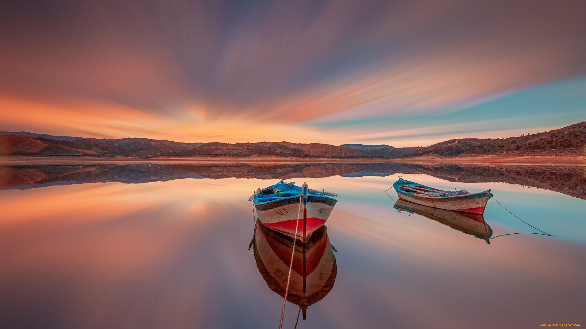 корабли, лодки, , шлюпки, горы, закат