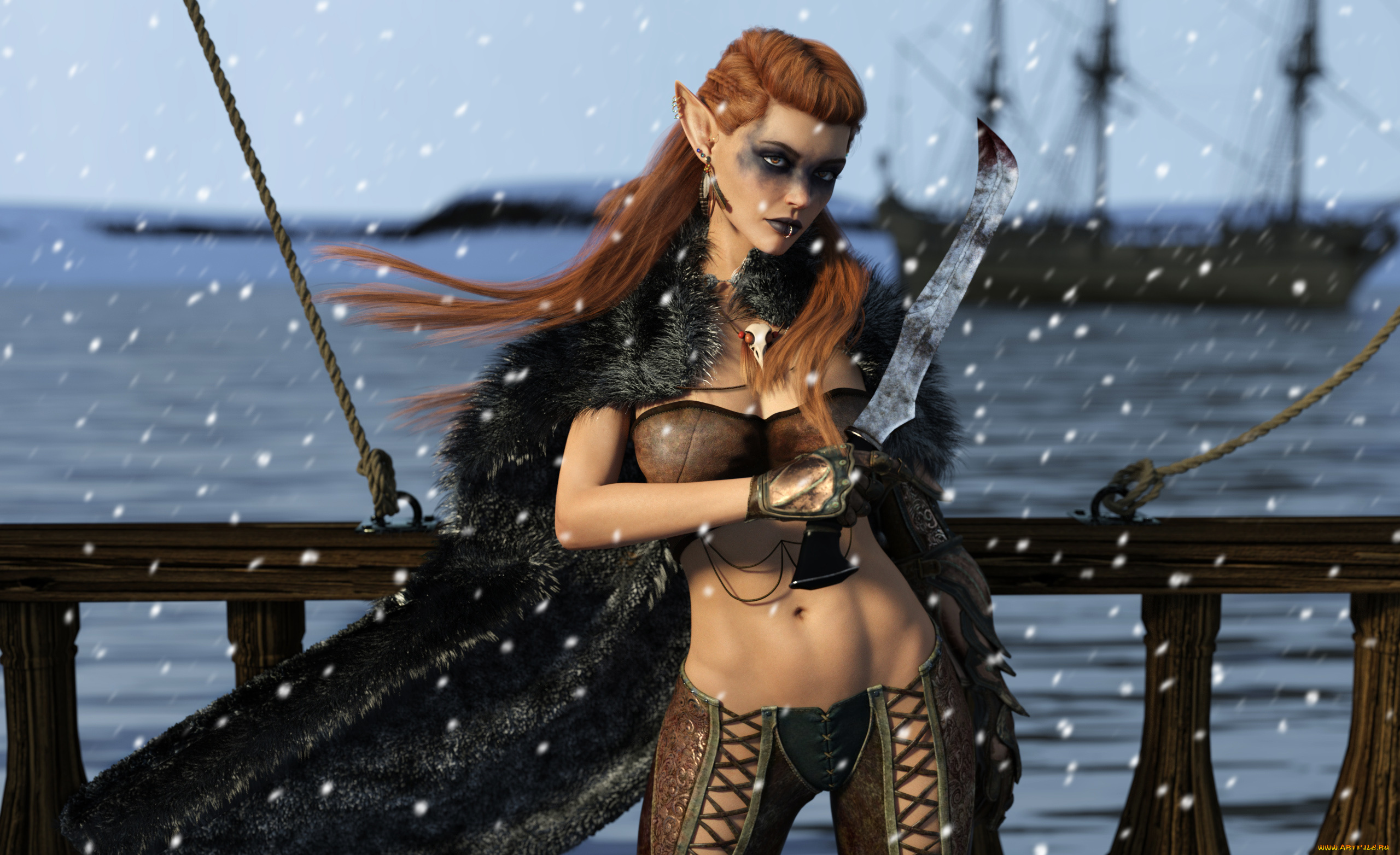 3д, графика, эльфы, , elves, девушка, фон, взгляд, нож, униформа