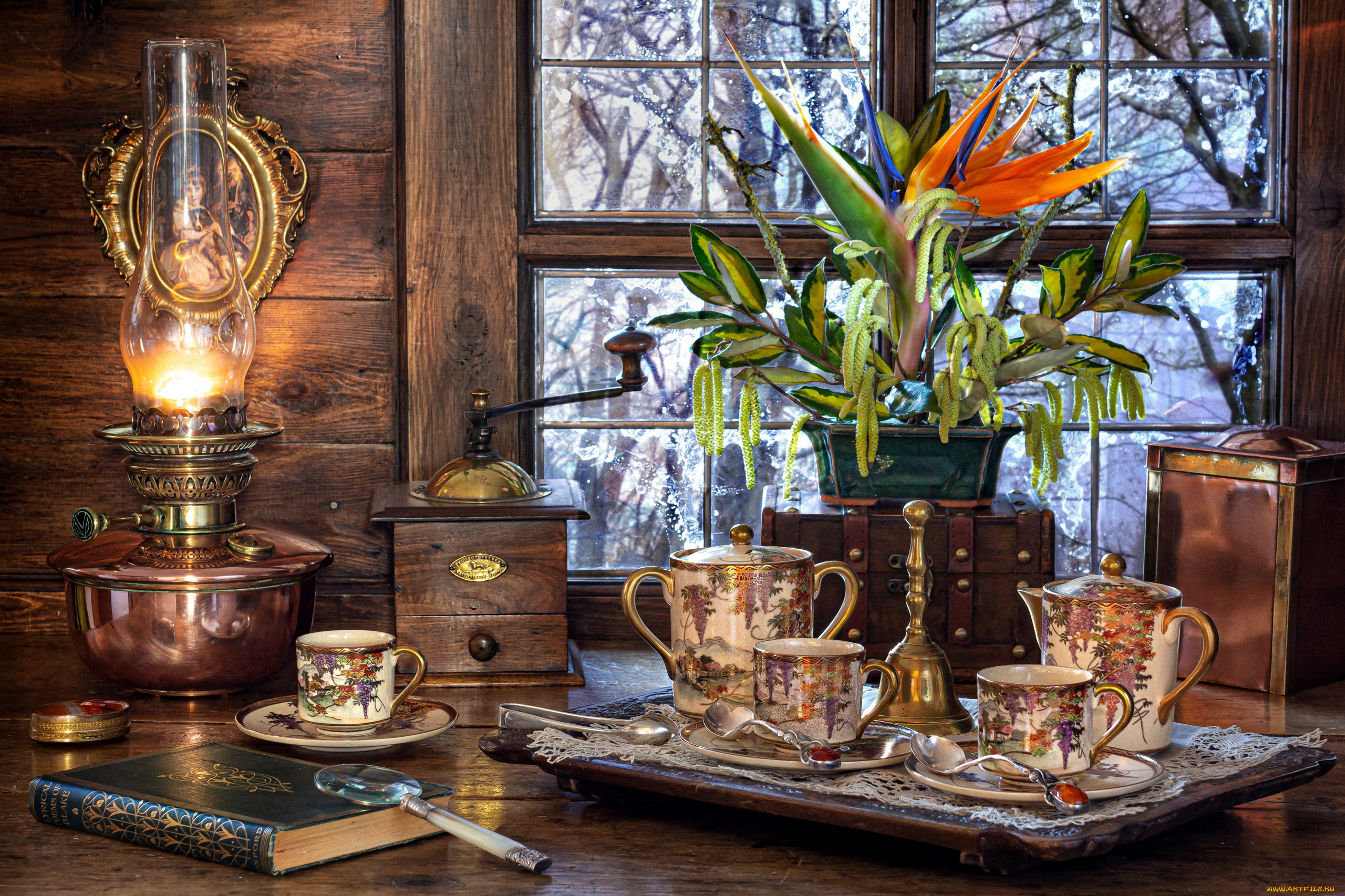 еда, натюрморт, лампа, кофемолка, чайный, сервиз