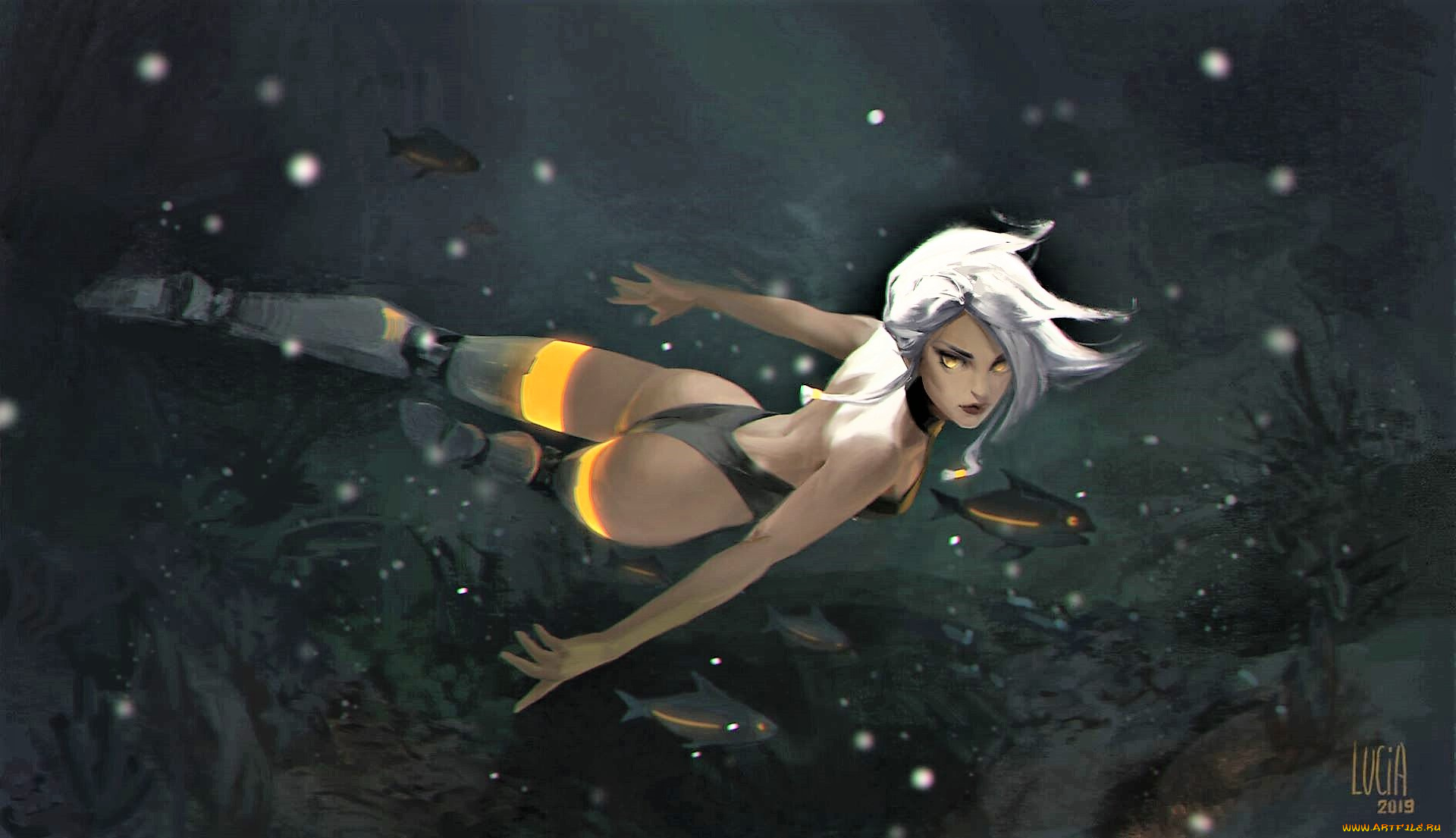 фэнтези, девушки, девушка, рыбы, глубина