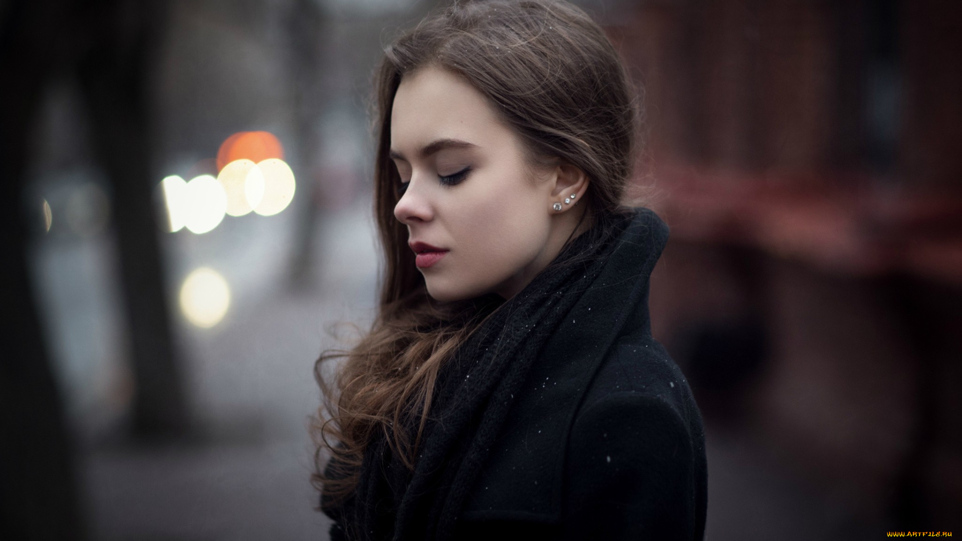 девушки, -, брюнетки, , шатенки, eкатерина, кузнецова, женщины, модель, брюнетка, максим, гусельников, черное, пальто, закрытые, глаза, макияж, вид, сбоку, на, улице, городской, природе