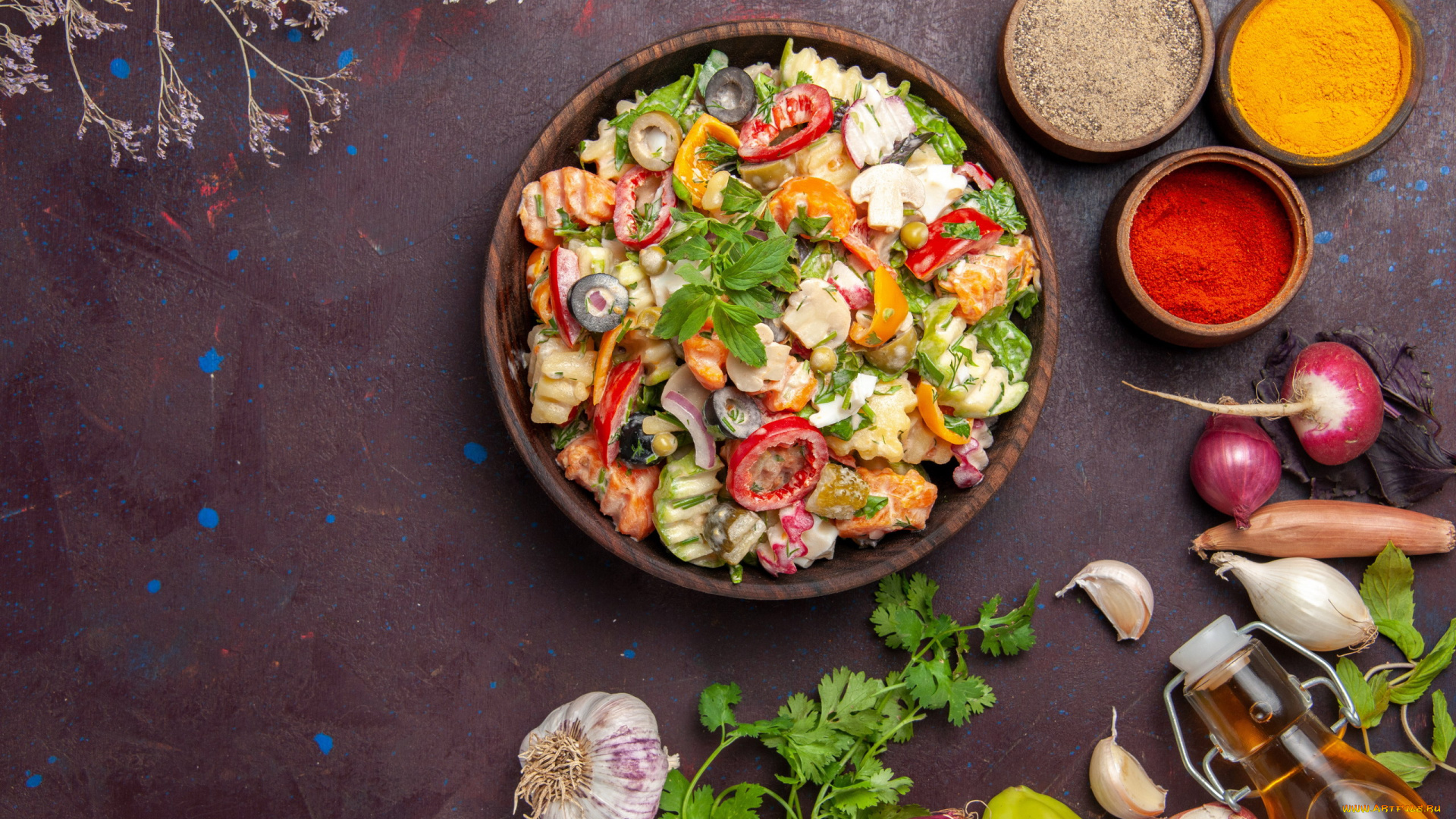 еда, салаты, , закуски, овощи, салат, маслины, грибы, базилик, чеснок, лук, специи