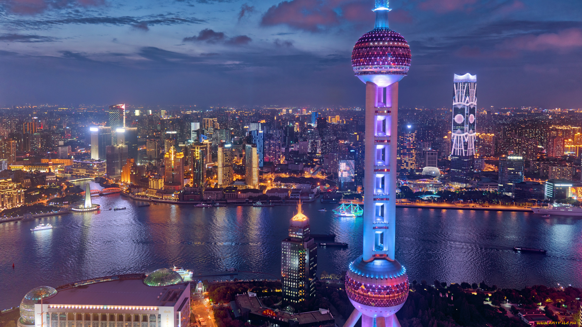 города, шанхай, , китай, фотография, город, огни, вода, облака, небо, городской, вид, ночь, шанхай