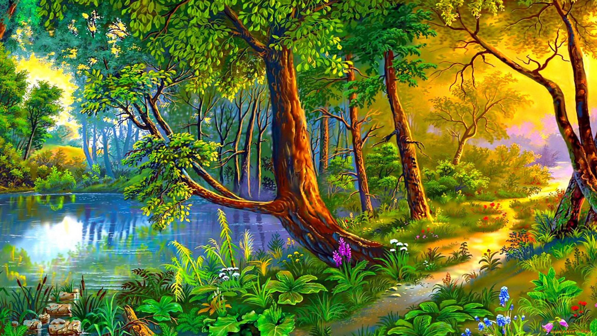 рисованное, природа, лес, озеро, дорожка