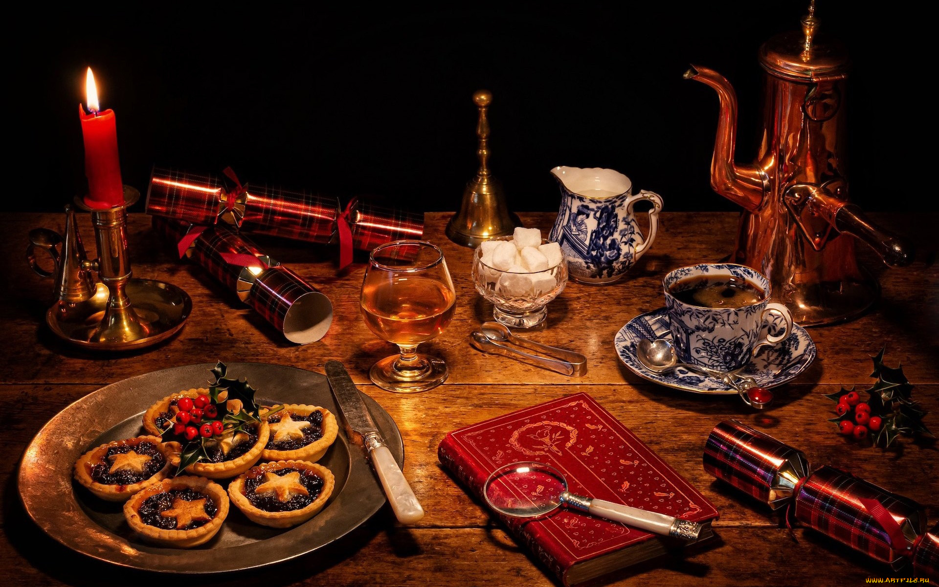 еда, натюрморт, свеча, бокал, кофе, лупа, книга, пирожные, сахар