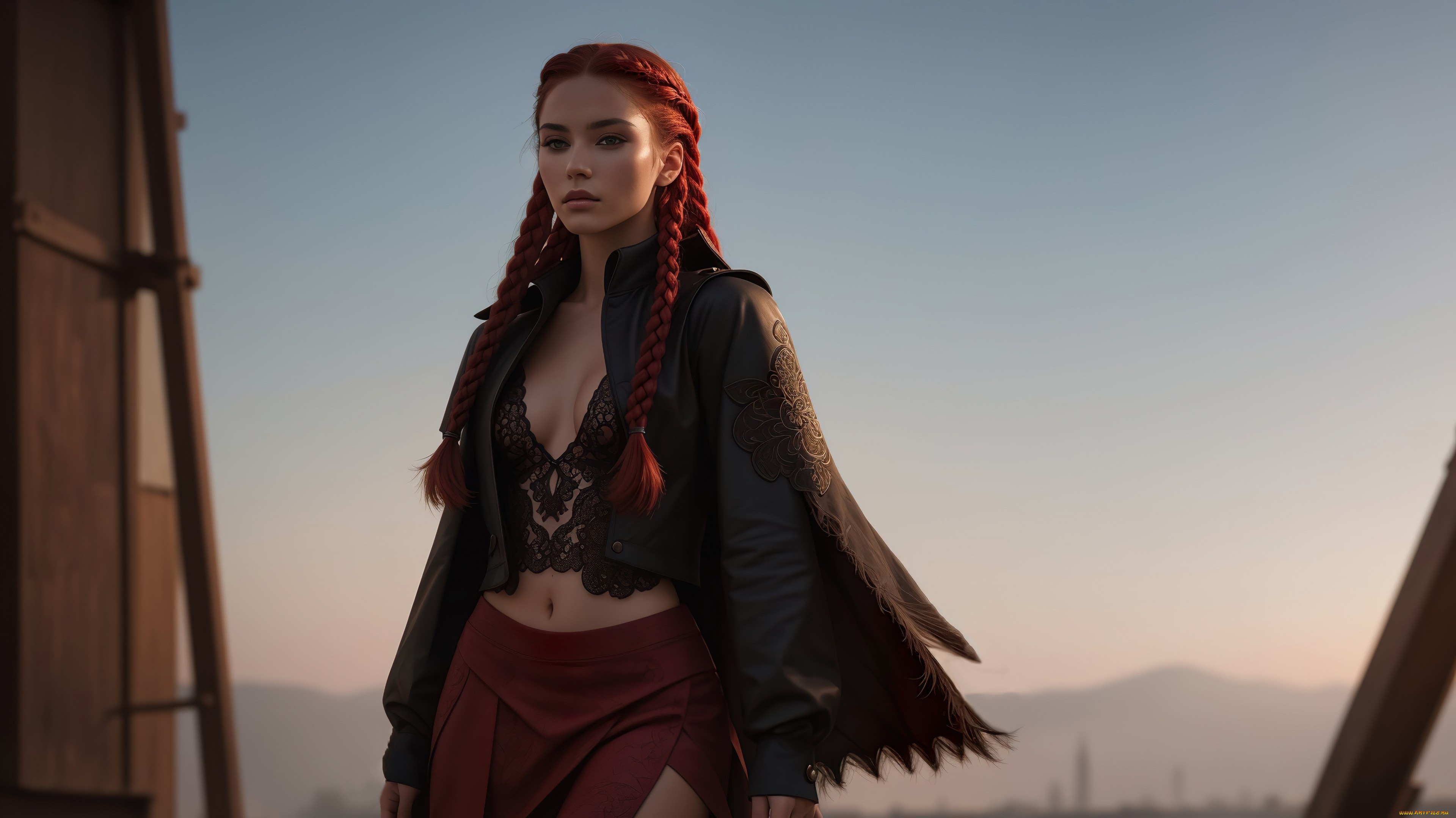 нейросеть, 3д, графика, фантазия, , fantasy, girl, red, hair, art, digital, jacket, leather