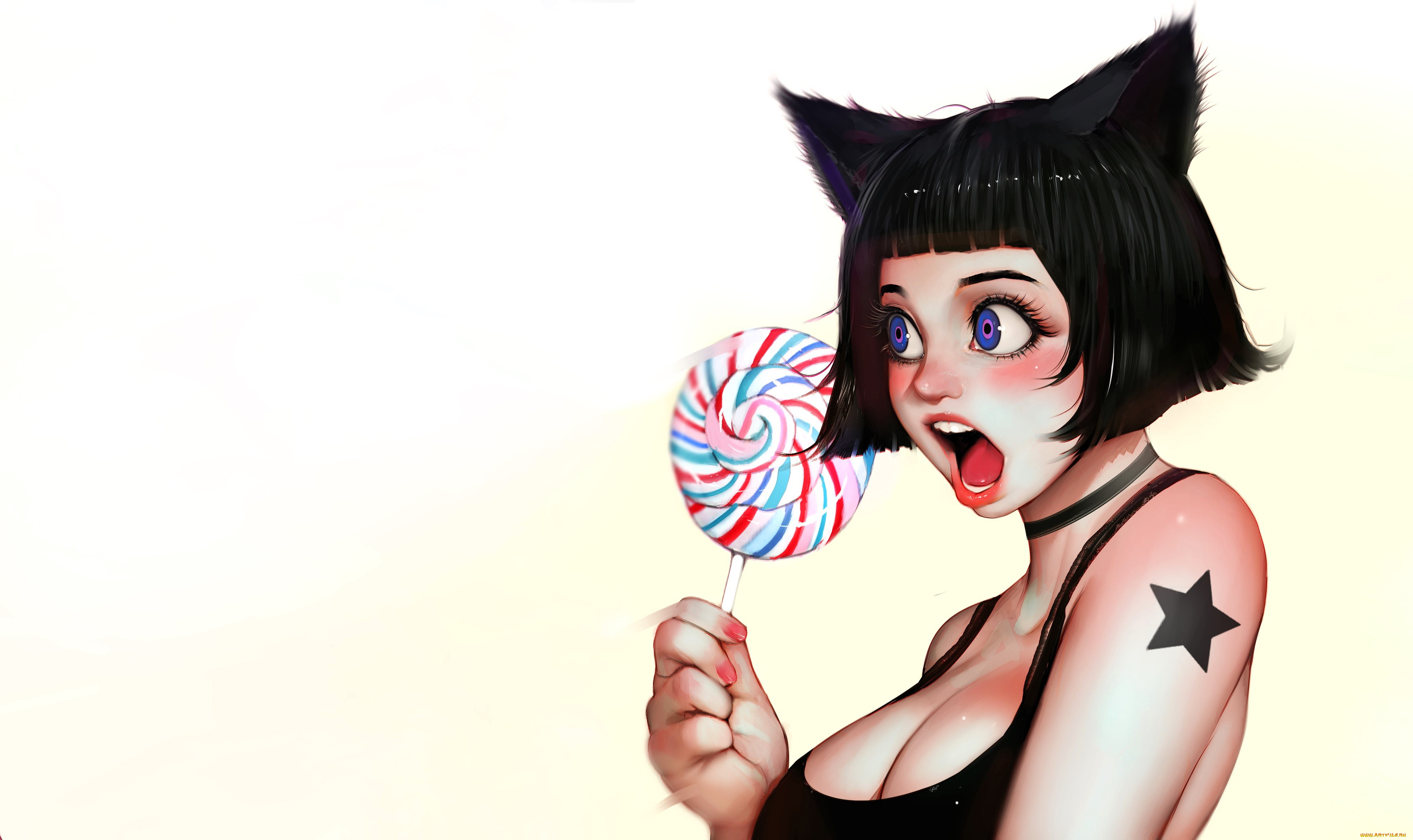 аниме, животные, , существа, девушка, ушки, эмоции, тату, леденец