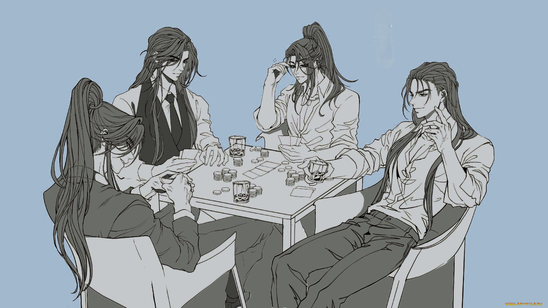аниме, unknown, , другое, , парни, стол, игра, бокалы, карты, деньги