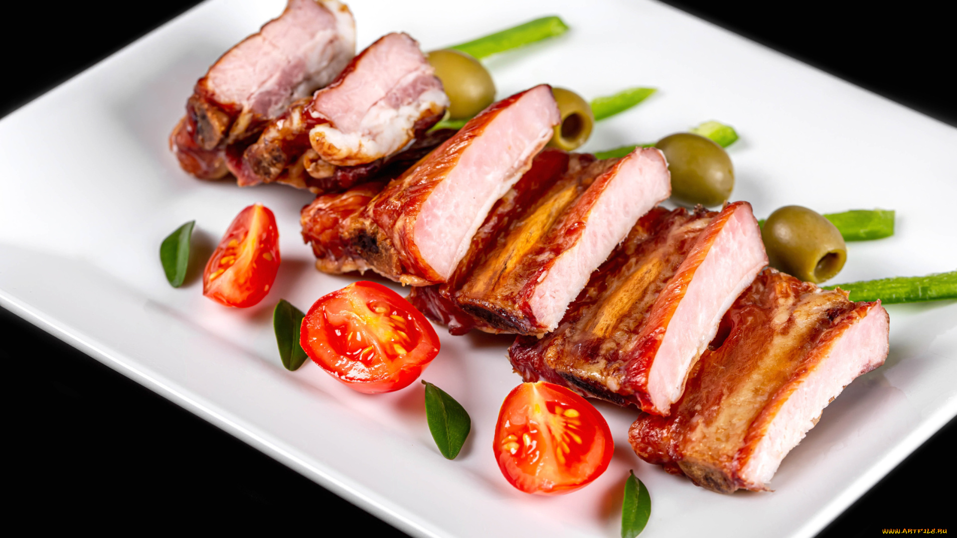 еда, мясные, блюда, помидоры, оливки, ребрышки