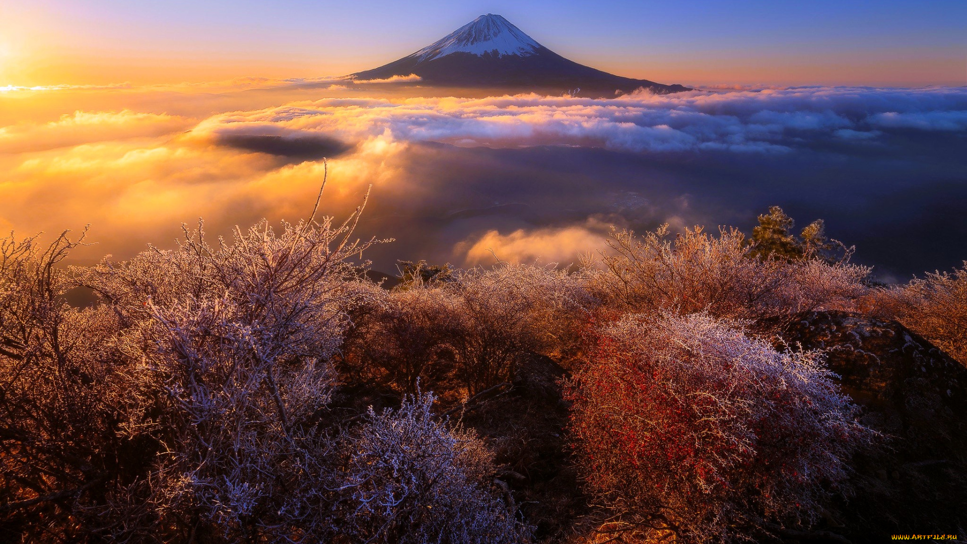 природа, горы, гора, облака, кусты