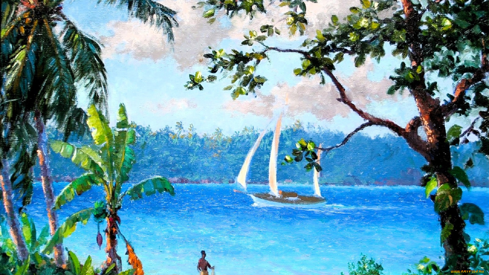 рисованное, albert, ernest, backus, пальмы, джунгли, люди, река, корабли