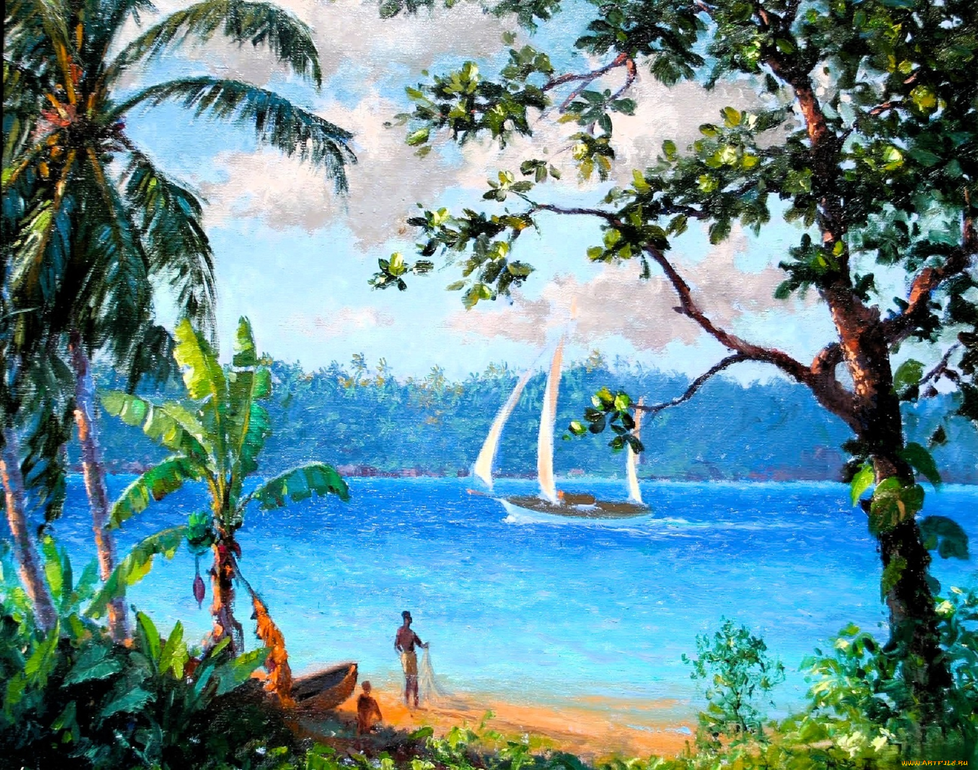 рисованное, albert, ernest, backus, пальмы, джунгли, люди, река, корабли