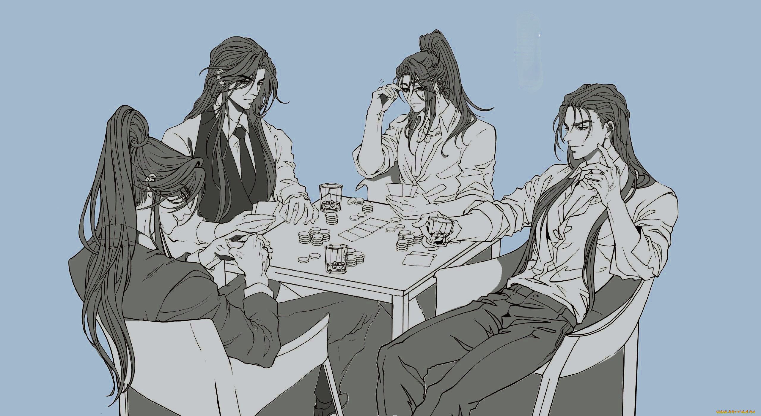 аниме, unknown, , другое, , парни, стол, игра, бокалы, карты, деньги