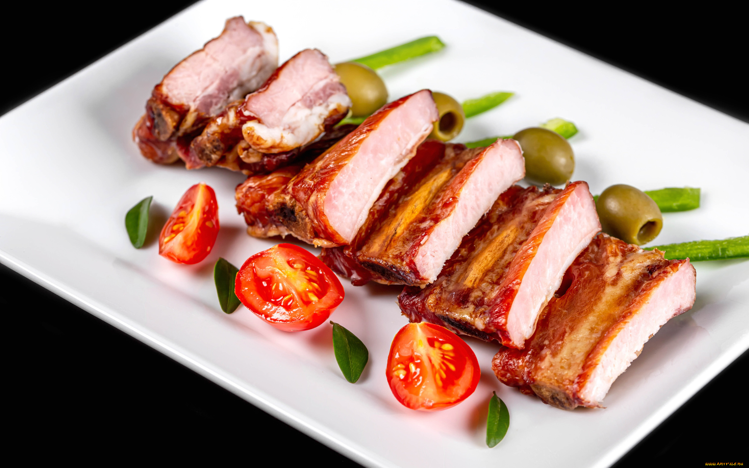 еда, мясные, блюда, помидоры, оливки, ребрышки