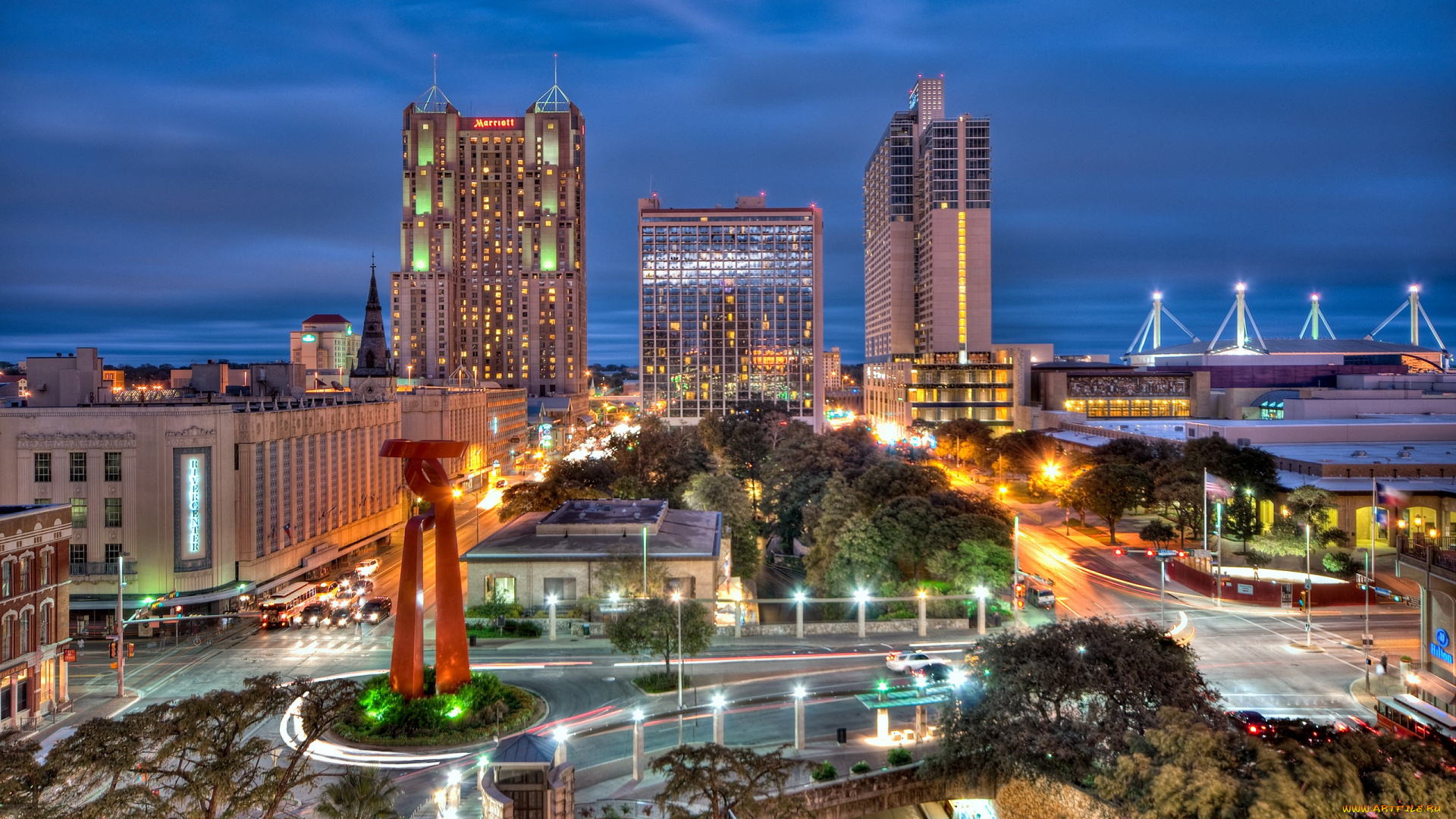 города, огни, ночного, san, antonio, texas