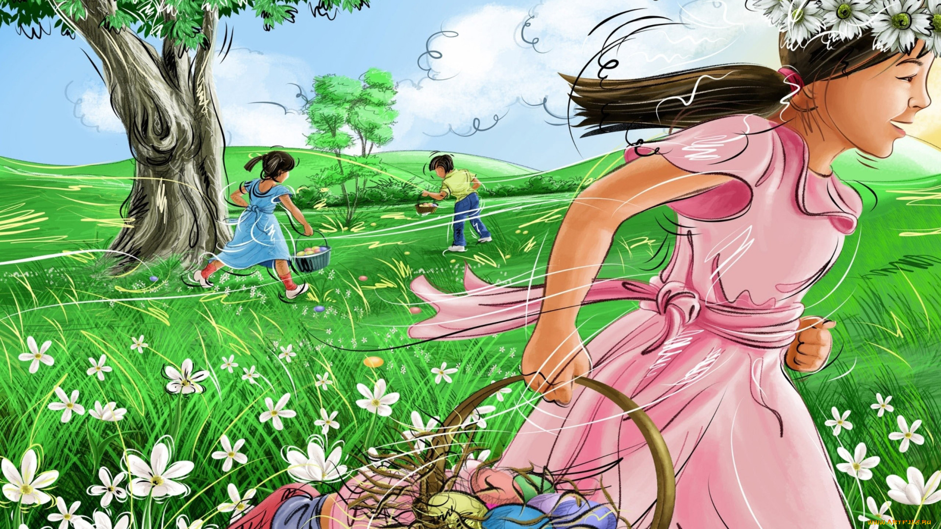 рисованные, дети, дерево, луг