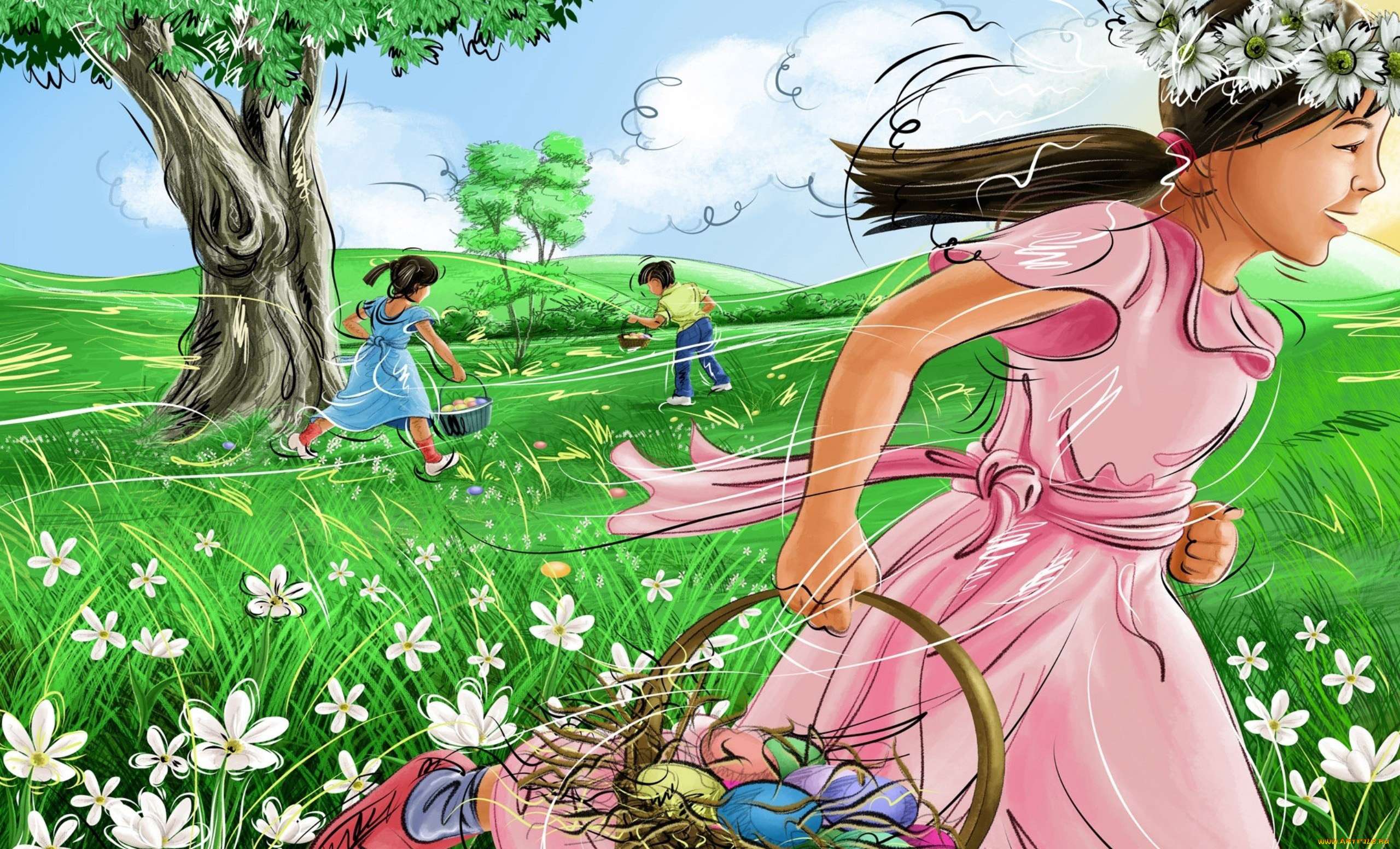 рисованные, дети, дерево, луг