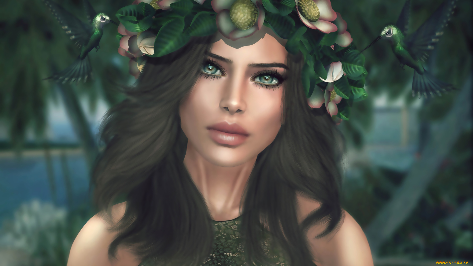 3д, графика, portraits, , портрет, птицы, венок