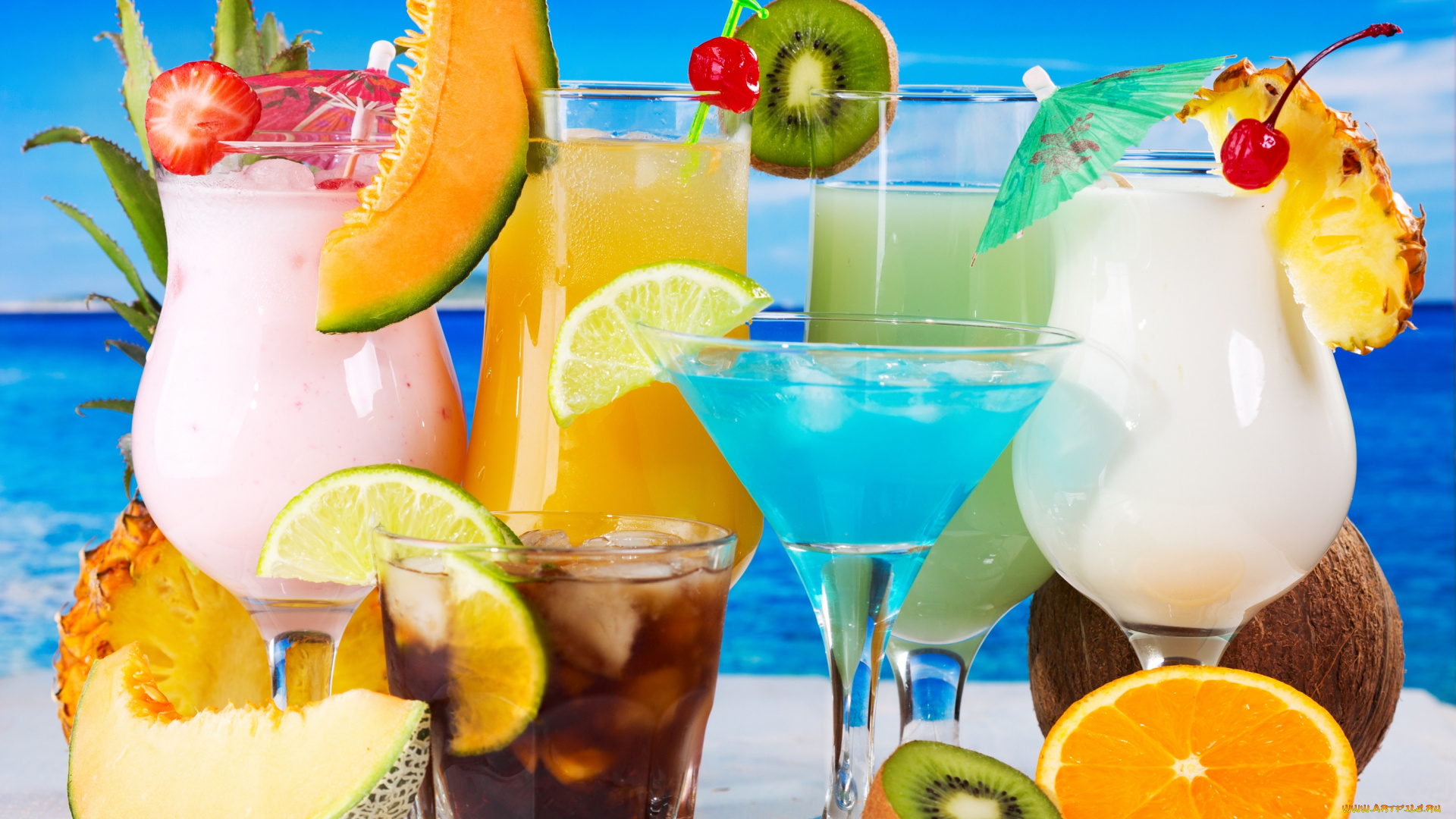 еда, напитки, , коктейль, киви, лайм, апельсин, дыня, кокос, ананас, коктейли