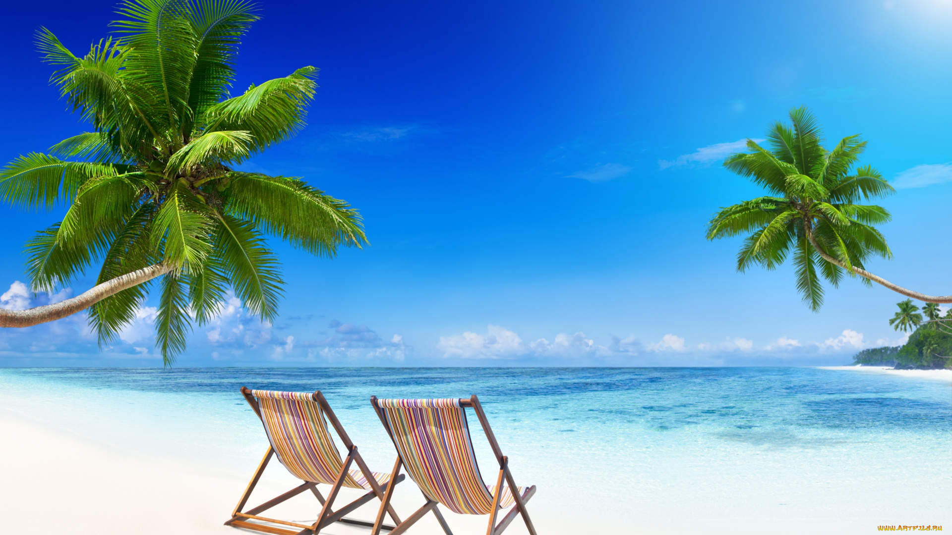 природа, тропики, пальмы, солнце, океан, остров, берег, пляж, море, песок