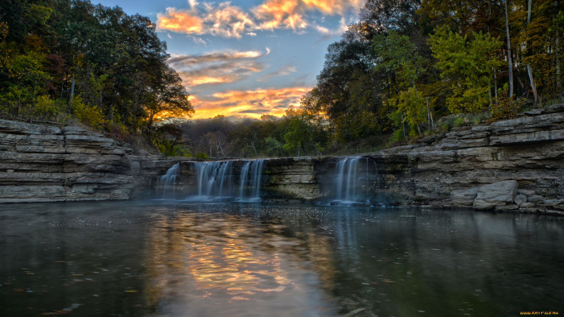 природа, водопады, скалы, лес, река, уступ, водопад