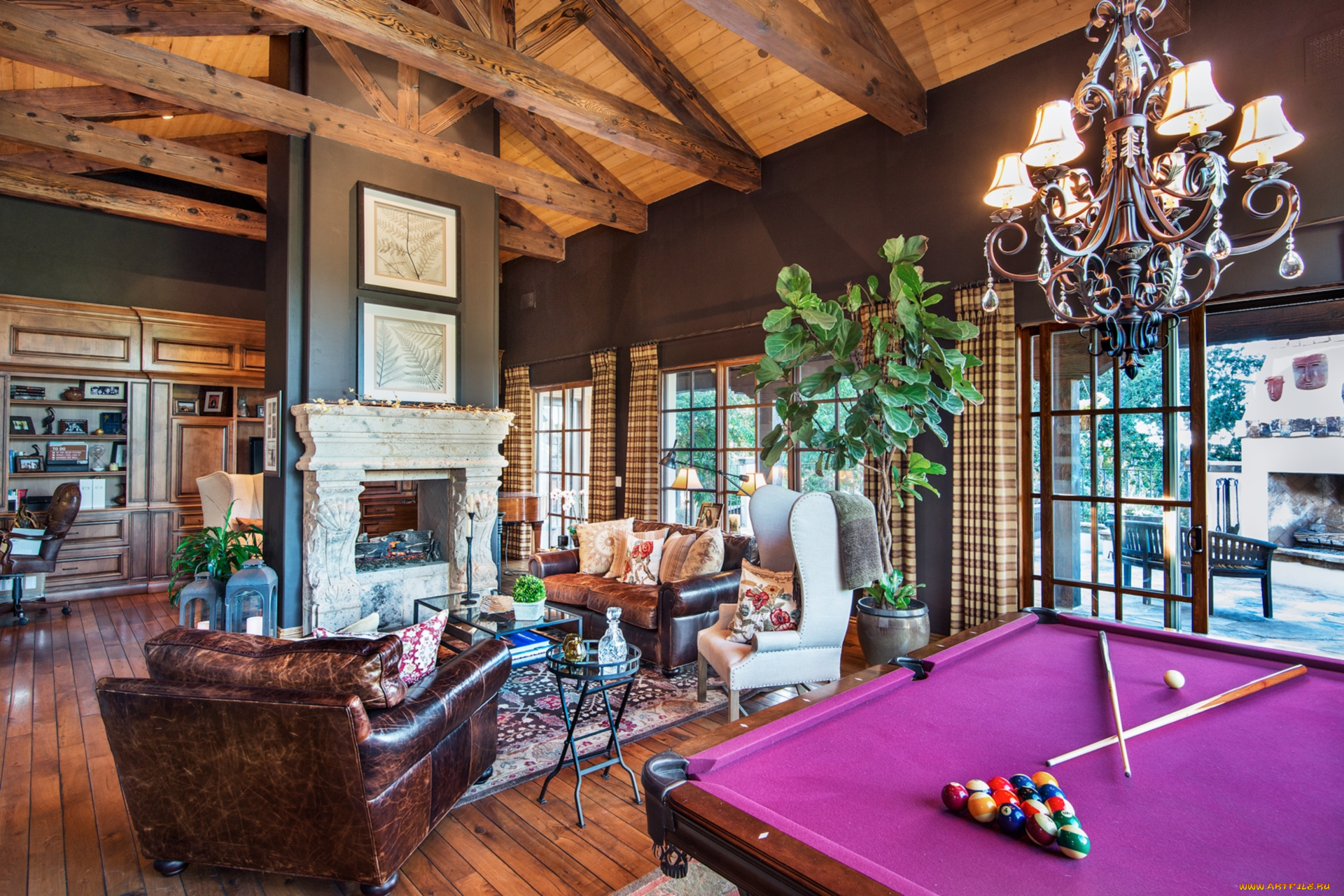 интерьер, гостиная, бильярд, камин