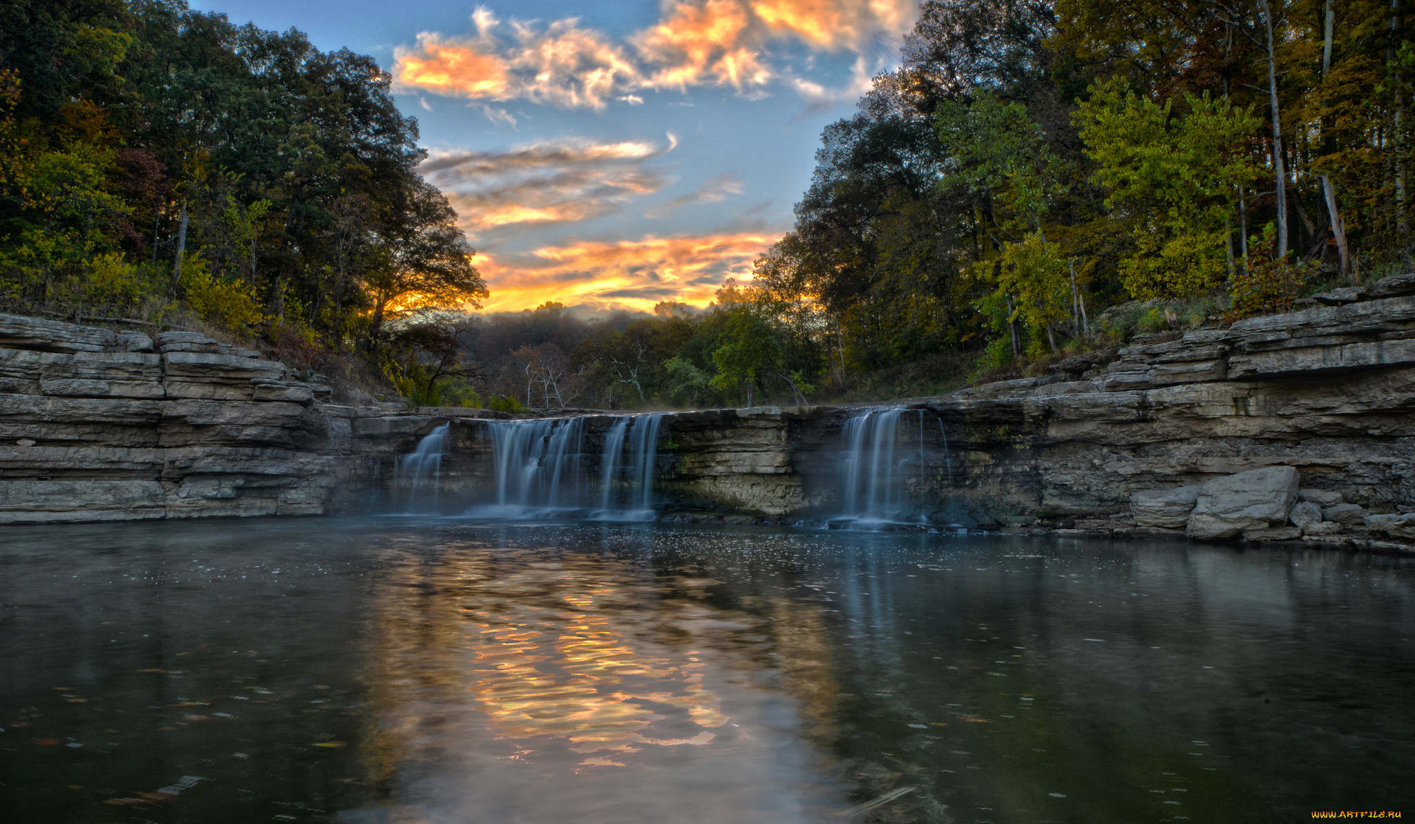 природа, водопады, скалы, лес, река, уступ, водопад