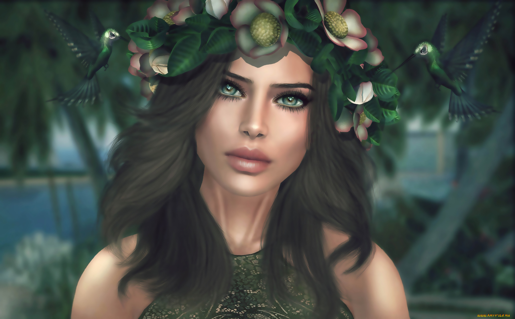 3д, графика, portraits, , портрет, птицы, венок