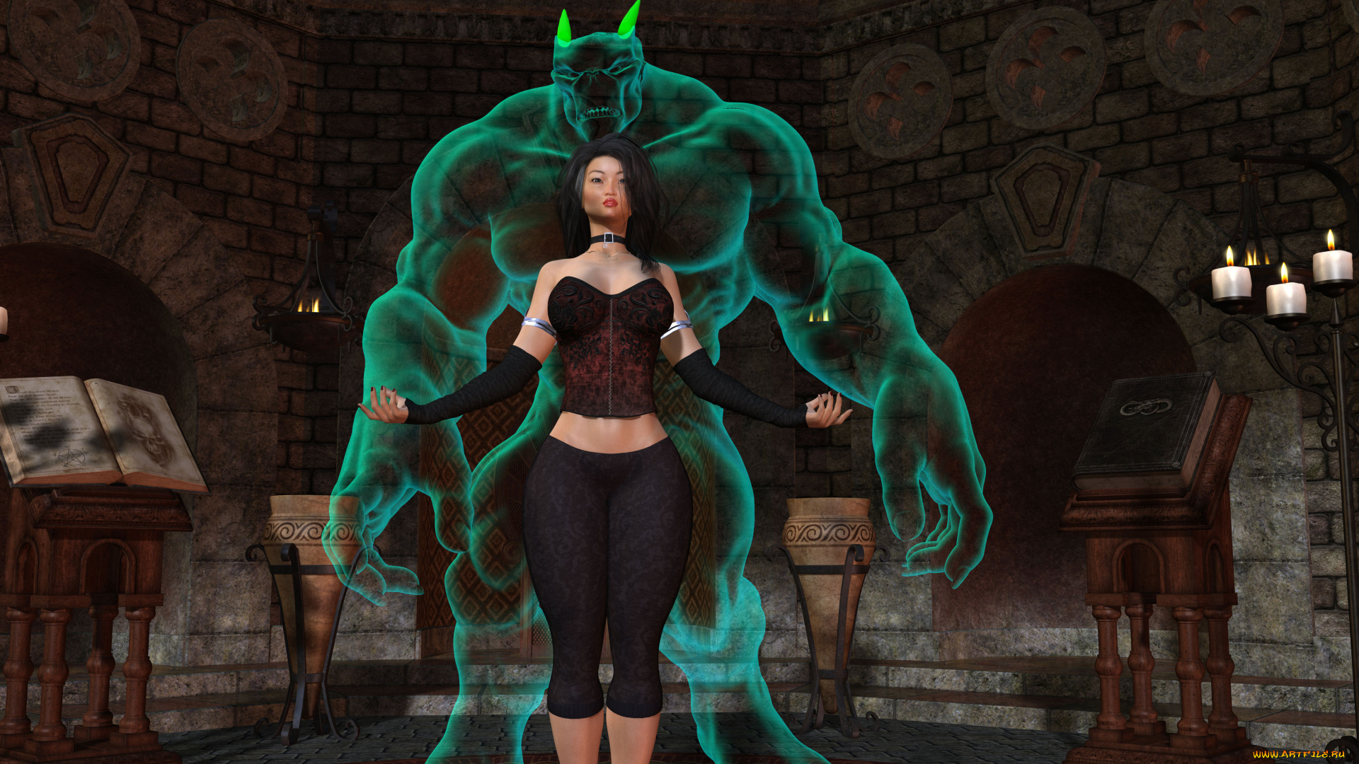 3д, графика, фантазия, , fantasy, фон, взгляд, девушка, демон, свечи, книга