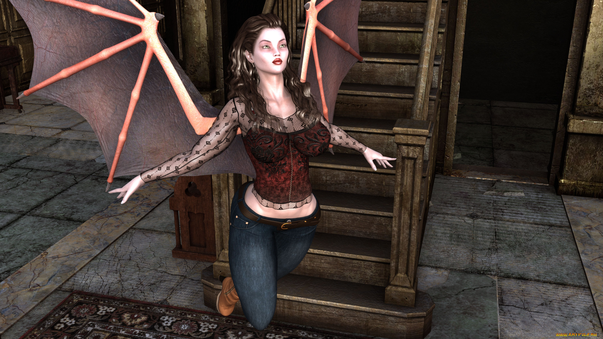 3д, графика, фантазия, , fantasy, лестница, фон, взгляд, девушка, демон, крылья