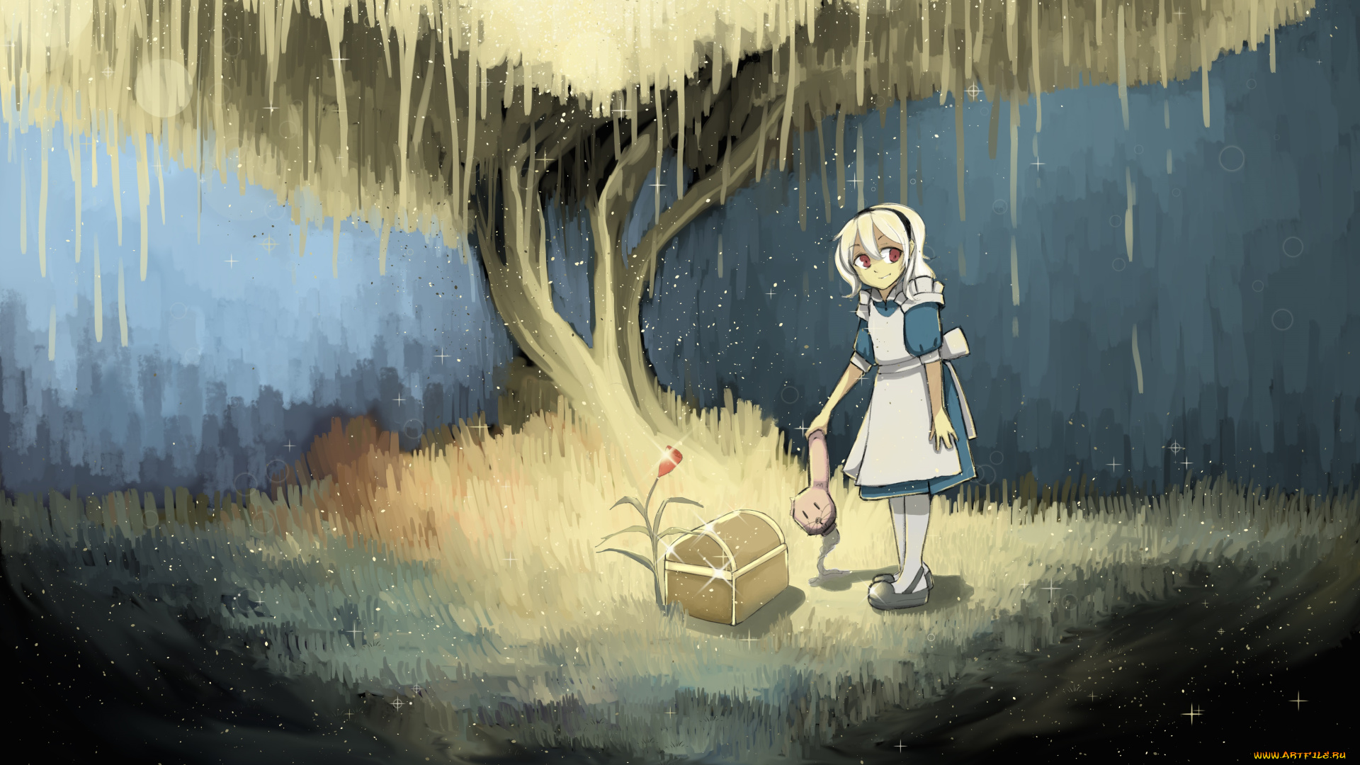 аниме, alice, in, wonderland, девочка, alice, in, wonderland, роза, цветок, арт, дерево, сундук, искры