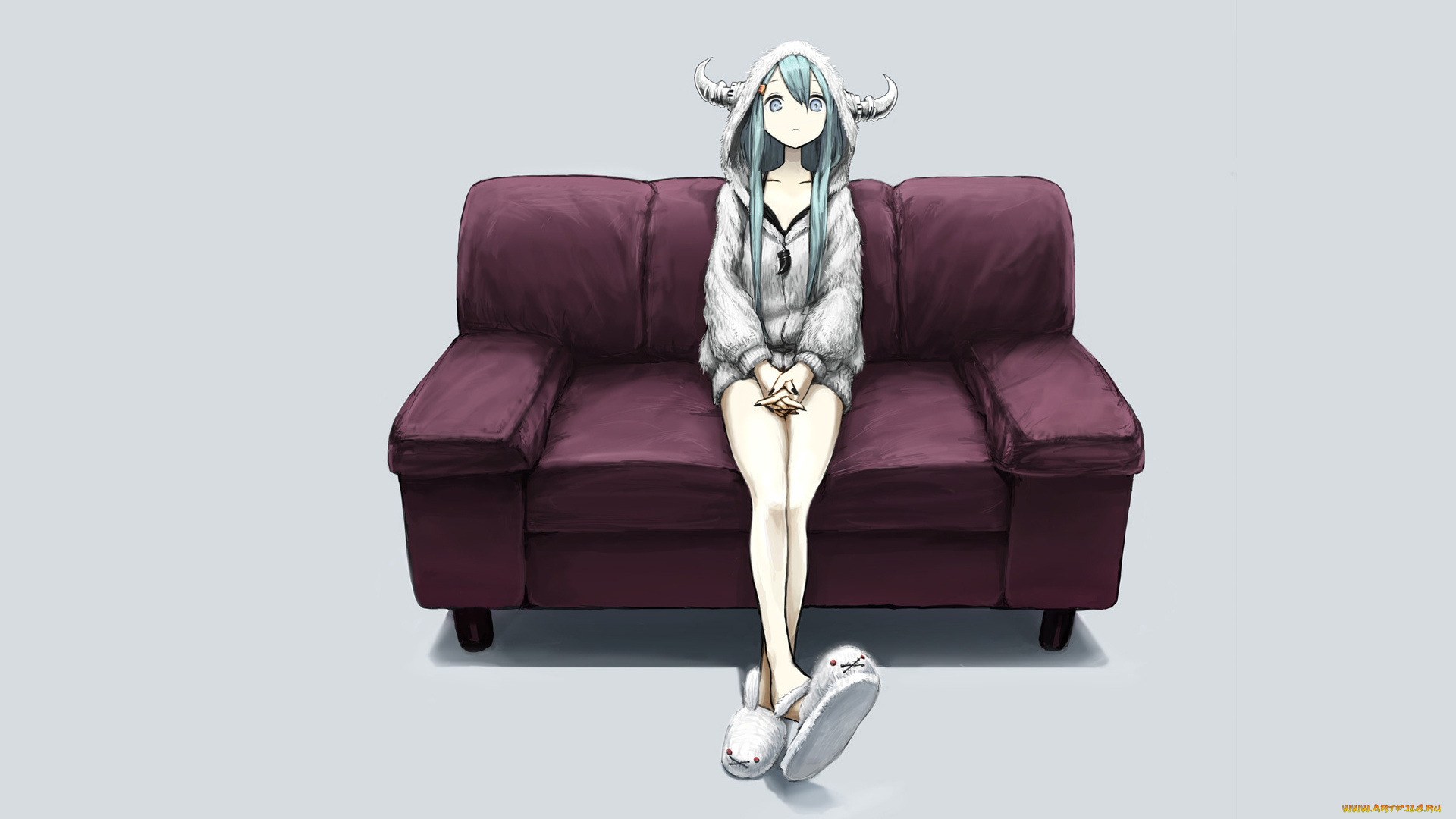 аниме, ангелы, , демоны, кролик, тапочки, жилетка, девушка, диван, мех, демон, рога