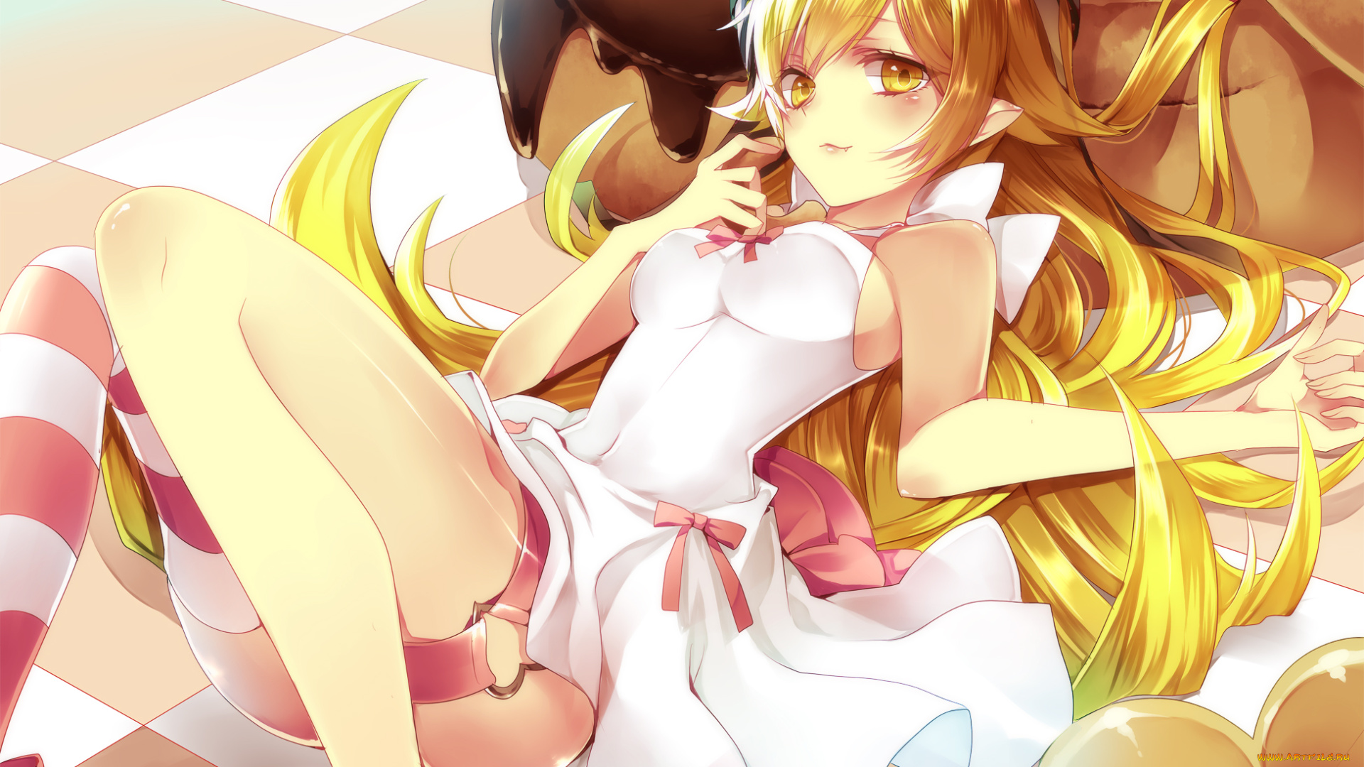 аниме, bakemonogatari, девушка, платье, взгляд, oshino, shinobu, shiro-himawari, пончик, клетчатый, пол, еда, шлем