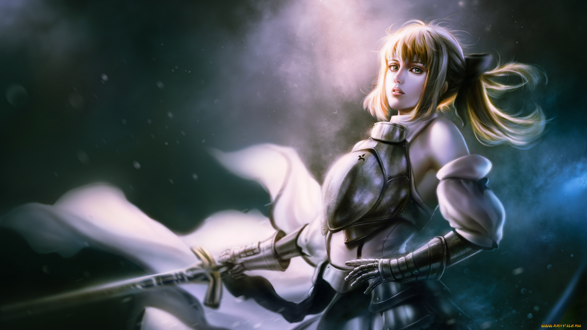 аниме, fate, stay, night, saber, lily, девушка, меч, взгляд, арт