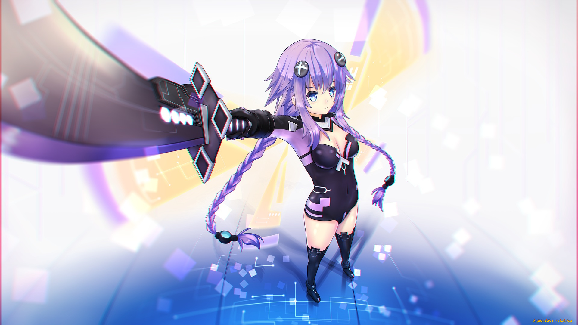 аниме, hyperdimension, neptunia, оружие, девушка, арт, purple, heart, hyperdimension, neptunia
