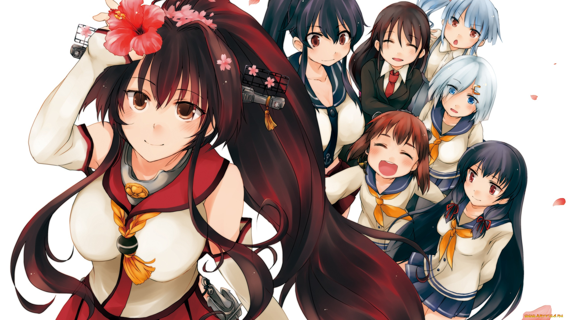 аниме, kantai, collection, kancolle, kasumi, isokaze, лепестки, белый, фон, hatsushimo, цветок, suna, kiririto, yamato, yukikaze, девушки, kantai, collection, hatsukaze, yahagi