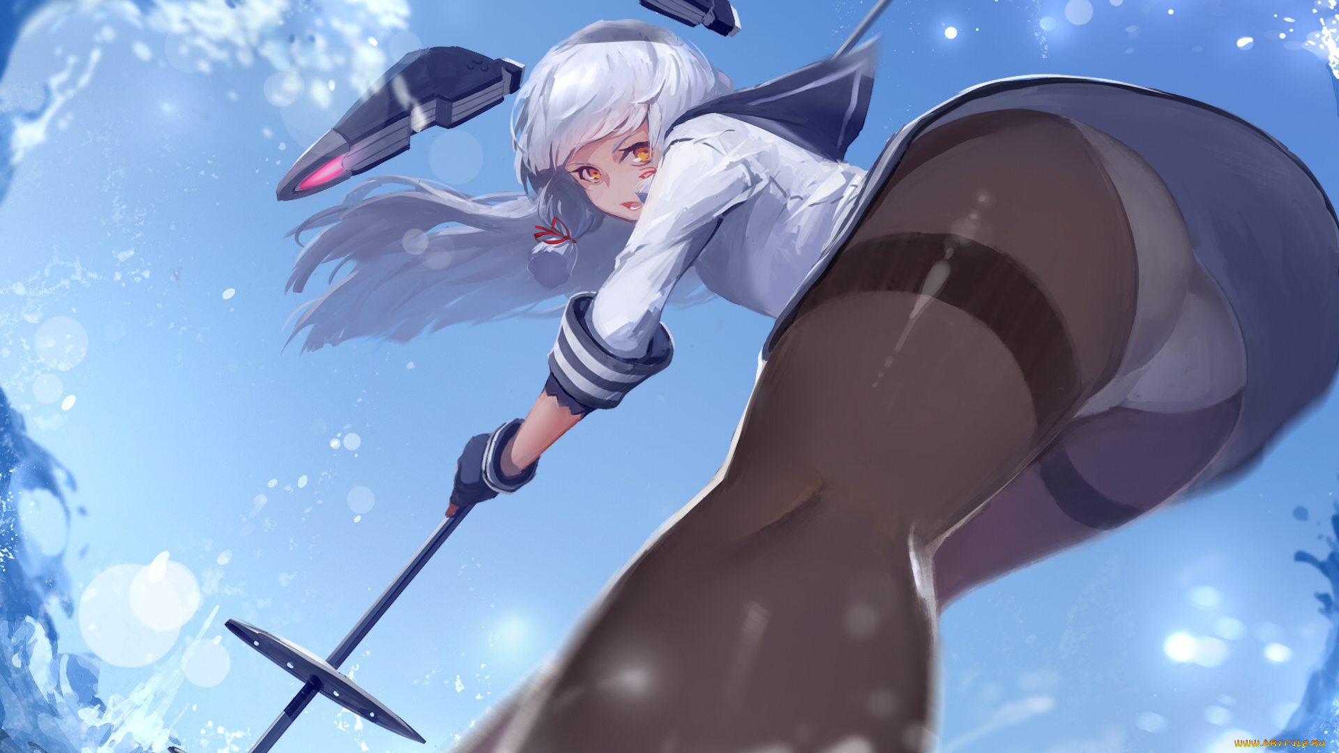 аниме, kantai, collection, kantai, collection, murakumo, kancolle, небо, sola7764, арт, вода, девушка, нога, взгляд