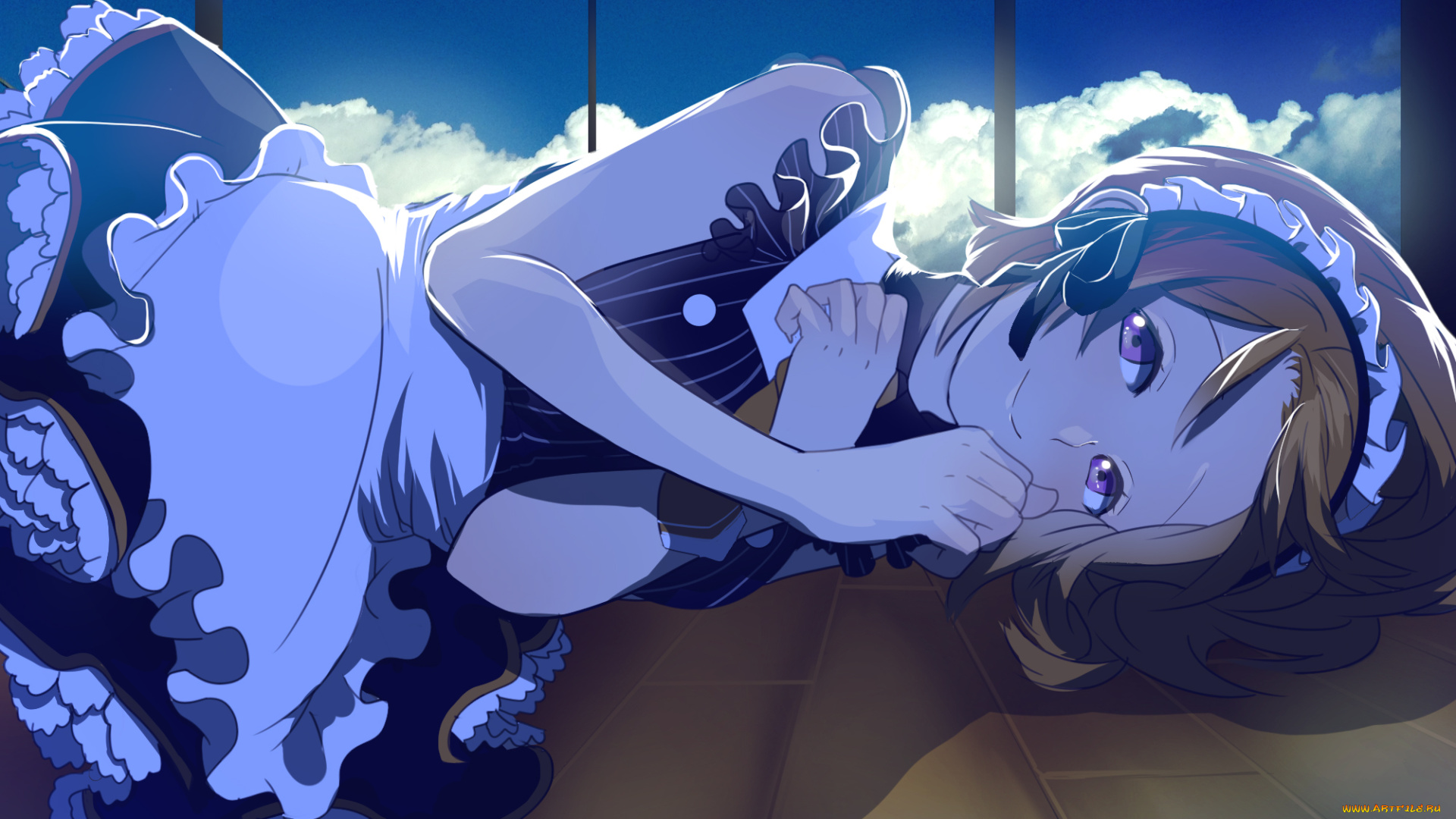 аниме, love, live, , school, idol, project, чепец, горничная, форма, девушка, окно, пол, ленты, улыбка, облака, koizumi, hanayo, mi, tyutyu, небо