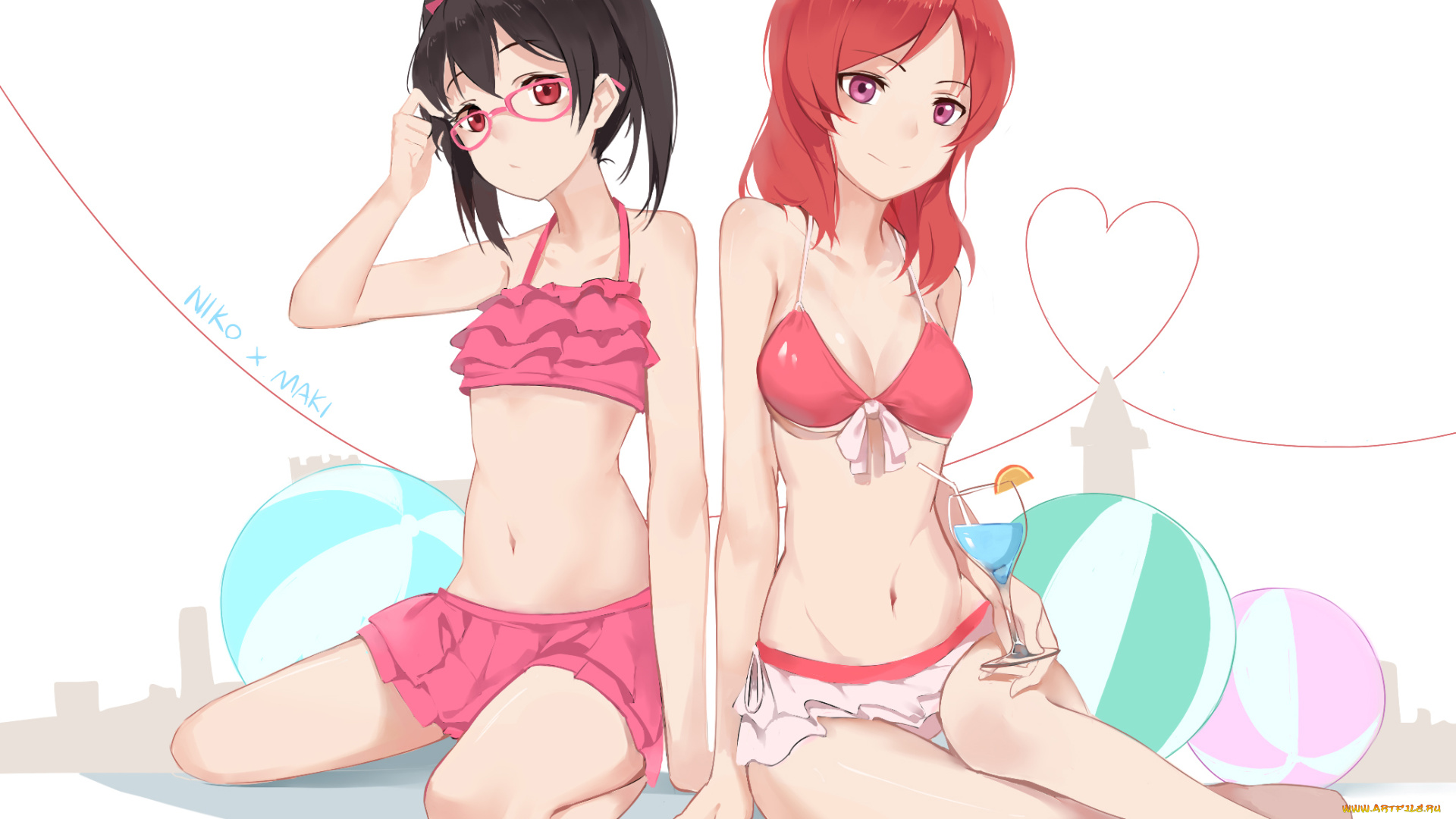 аниме, love, live, , school, idol, project, gensou, kuro, usagi, девушки, арт, yazawa, nico, nishikino, maki, купальники, фон, нить, мячи, love, live, school, idol, project