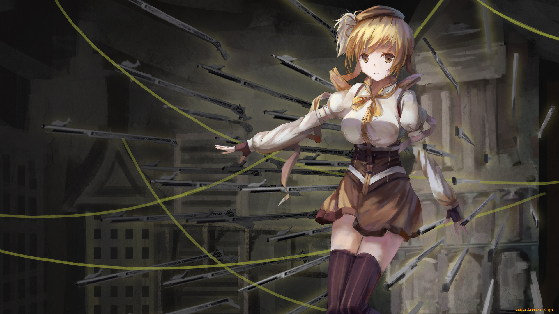 аниме, mahou, shoujo, madoka, magika, tomoe, mami, оружие, mahou, shoujo, madoka, magica, девушка, арт, tianya, beiming