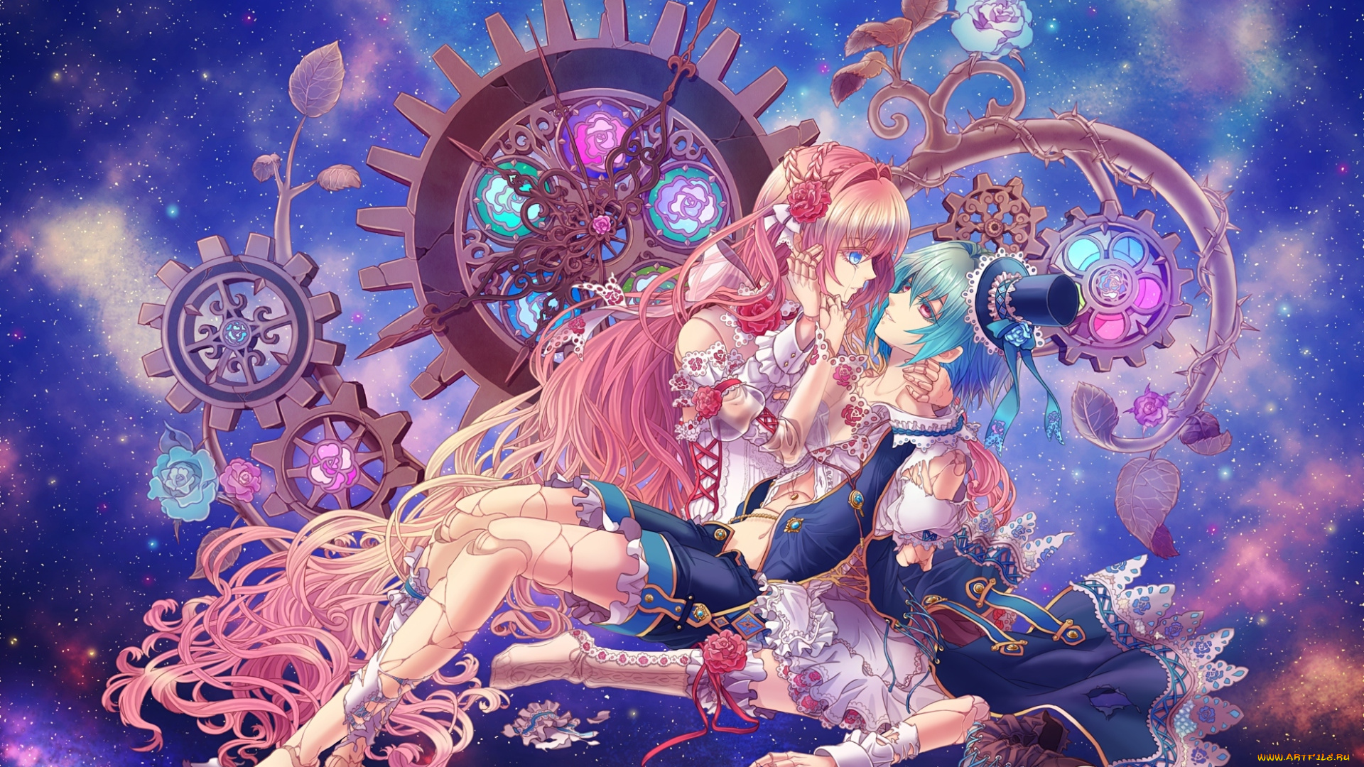 аниме, оружие, , техника, , технологии, небо, шляпа, звезды, слезы, арт, шестерни, розы, парень, souya, touki, девушка, цветы