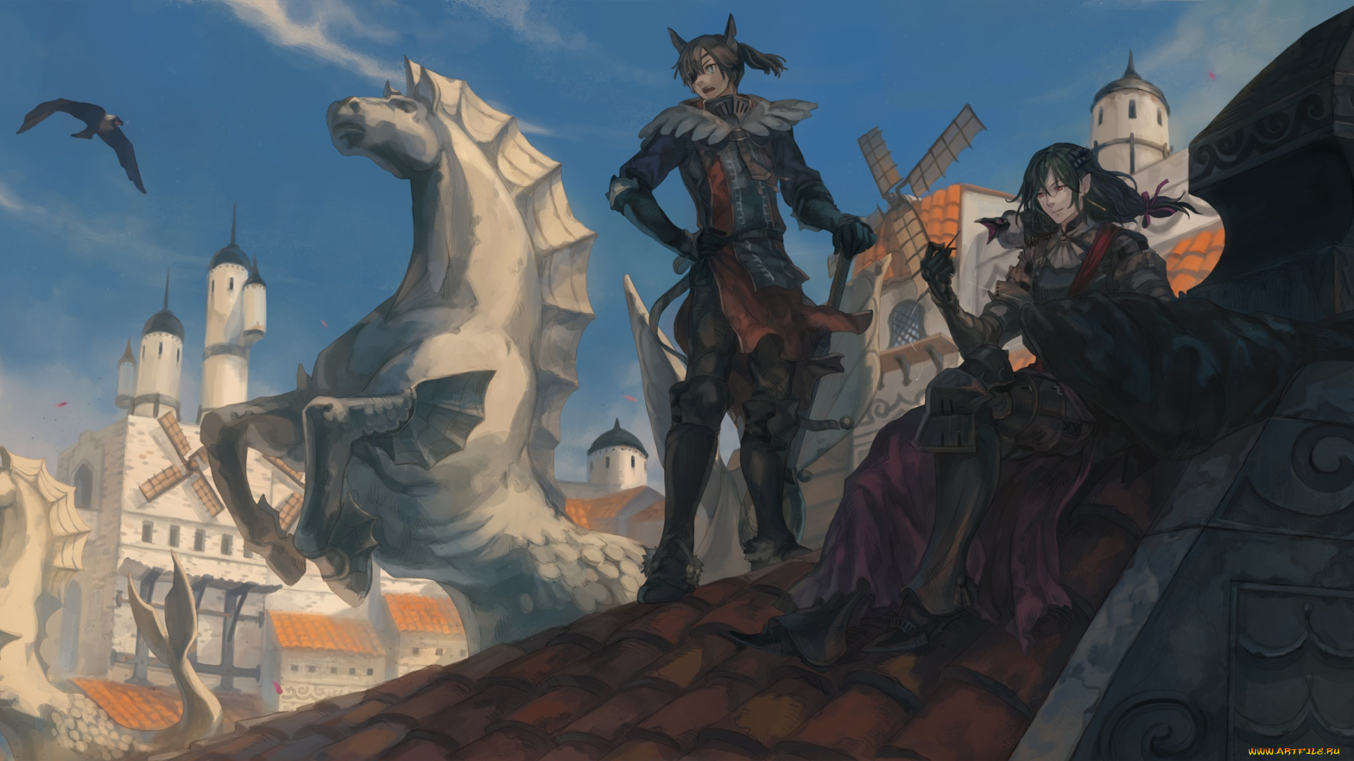 аниме, pixiv, fantasia, pixiv, fantasia, oca, арт, парни, город, крыша, статуя, лошадь, эльф, неко, меч