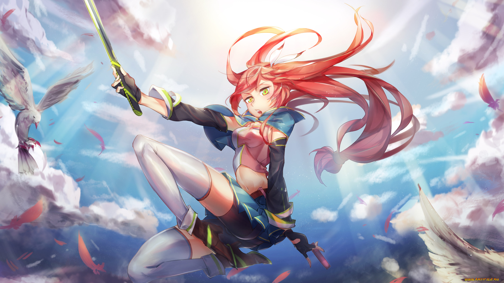 аниме, pixiv, fantasia, pixiv, fantasia, pg-pgouwoderen, арт, оружие, меч, птицы, голуби, небо, облака, девушка
