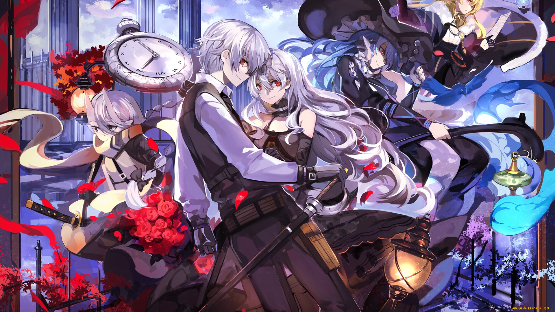 аниме, pixiv, fantasia, pixiv, fantasia, saberiii, арт, парень, город, часы, девушки, оружие, меч