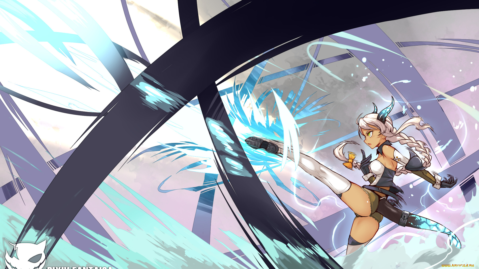 аниме, pixiv, fantasia, рога, удар, девушка, арт, realmbw, pixiv, fantasia