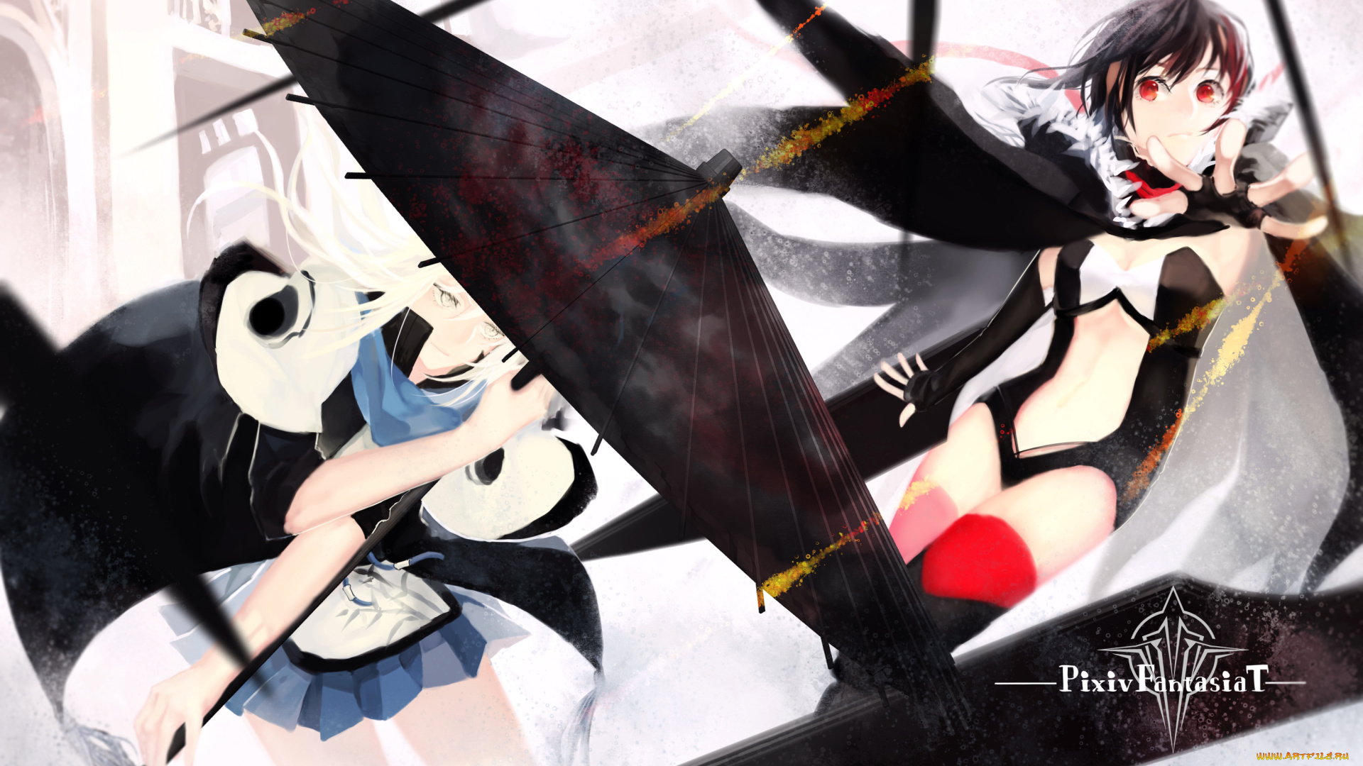 аниме, pixiv, fantasia, зонт, девушки, арт, pixiv, fantasia