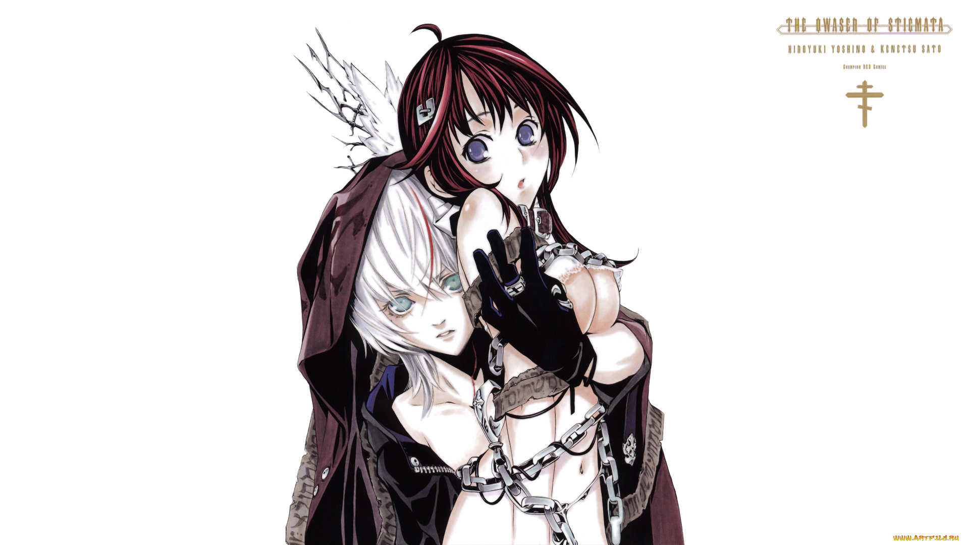 аниме, seikon, no, qwaser, заколка, перья, крыло, куртка, ошейник, замок, мужчина, цепь, кольцо, девушка, oribe, mafuyu, aleksander, nikolaevich, hell