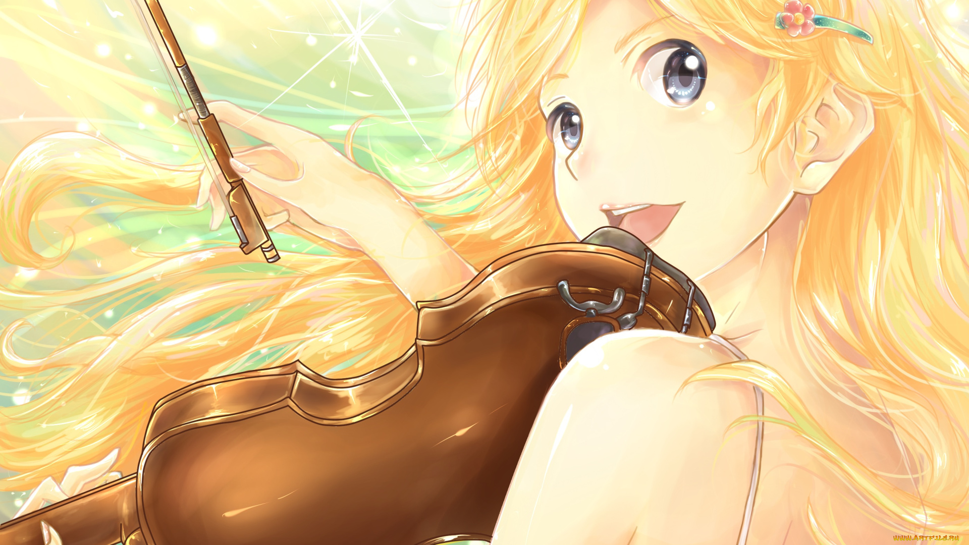 аниме, shigatsu, wa, kimi, no, uso, shigatsu, wa, kimi, no, uso, miyazono, kawori, арт, девушка, блондинка, скрипка