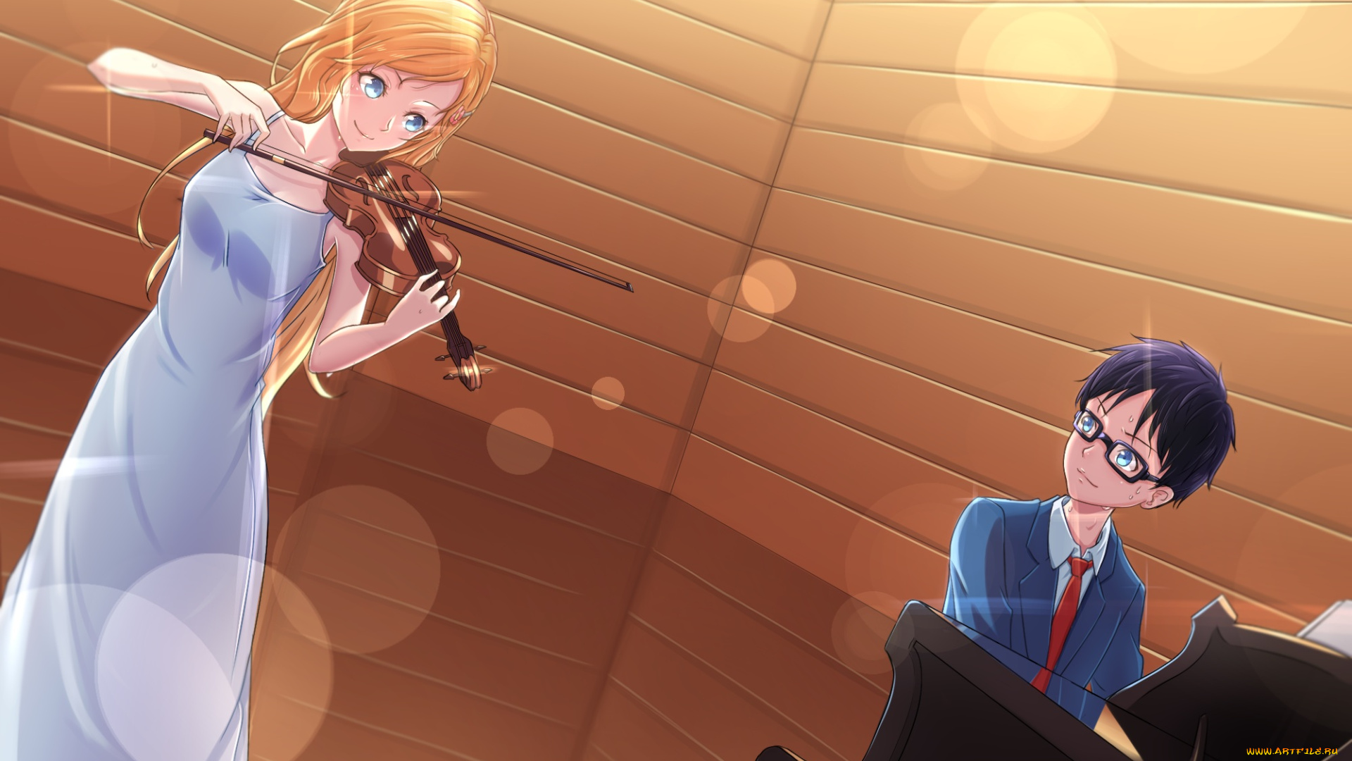 аниме, shigatsu, wa, kimi, no, uso, shigatsu, wa, kimi, no, uso, arima, kousei, miyazono, kawori, арт, девушка, скрипка, парень