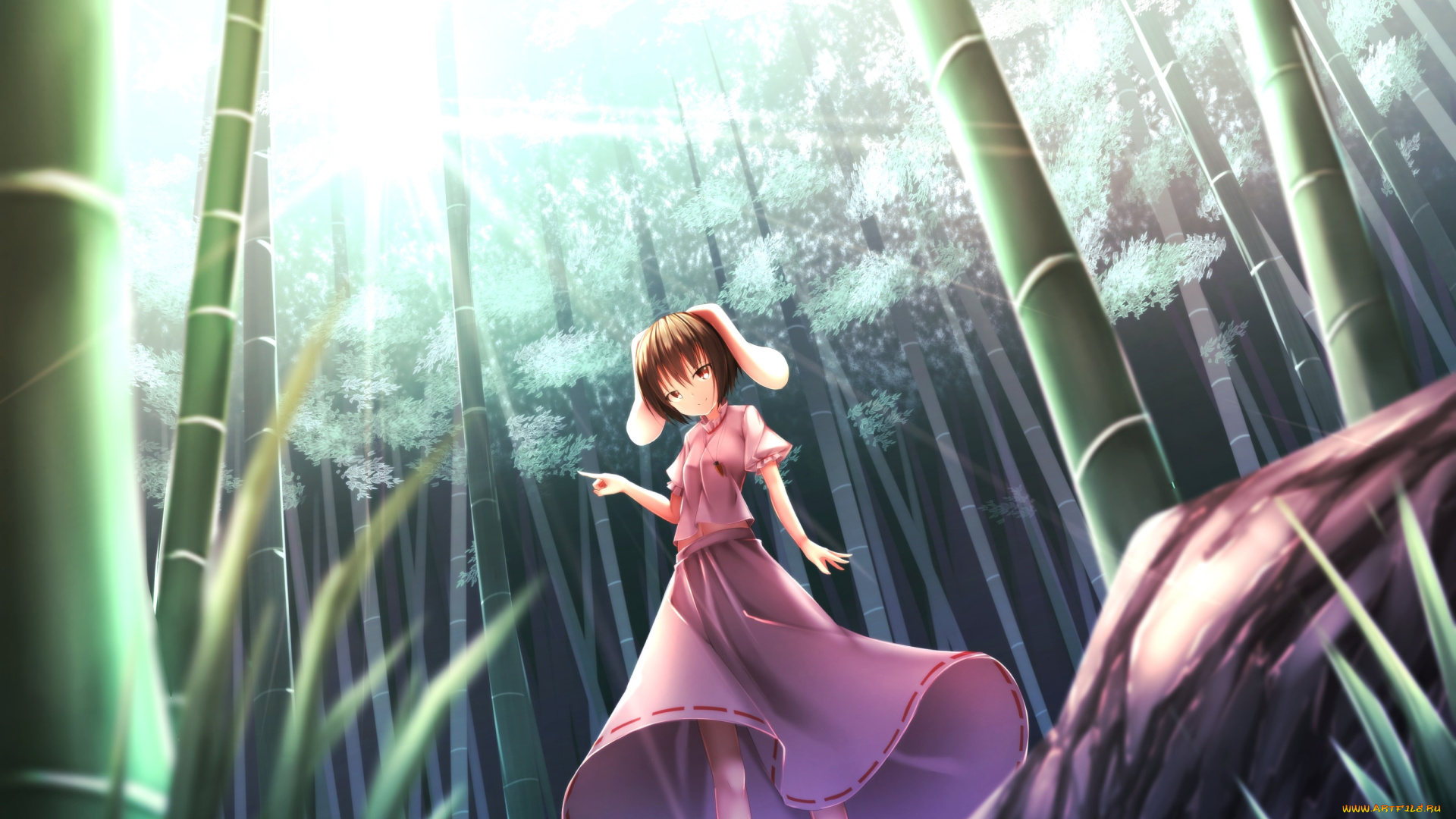 аниме, touhou, бамбук, лучи, арт, девушка
